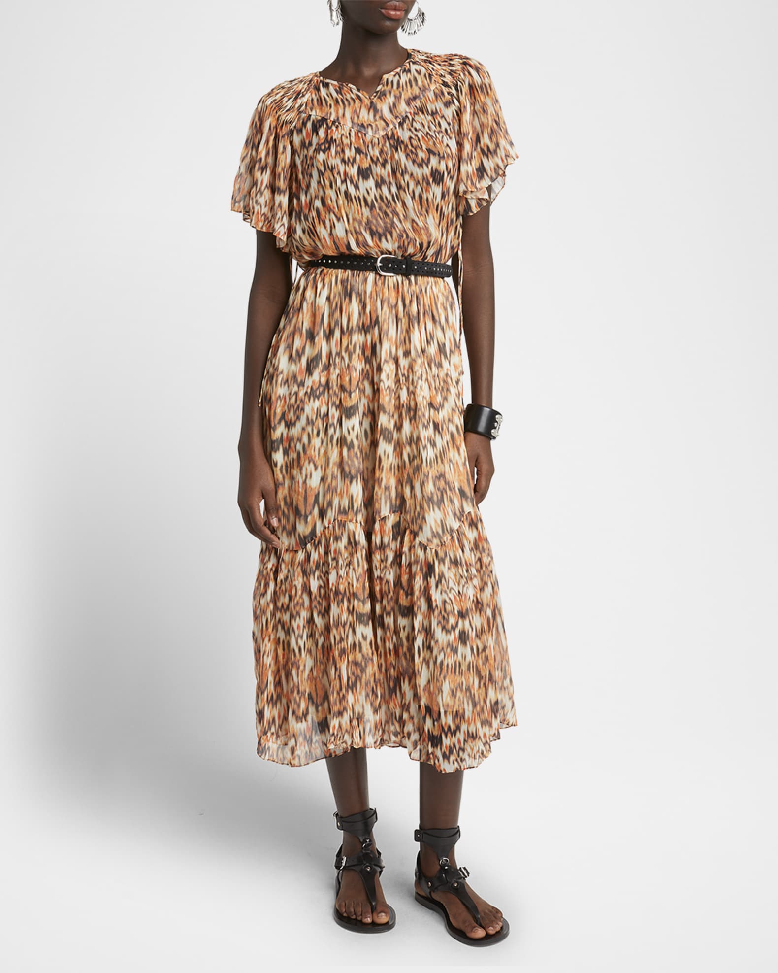 Odelia Flounce-Sleeve A-Line Silk Midi Dress 1