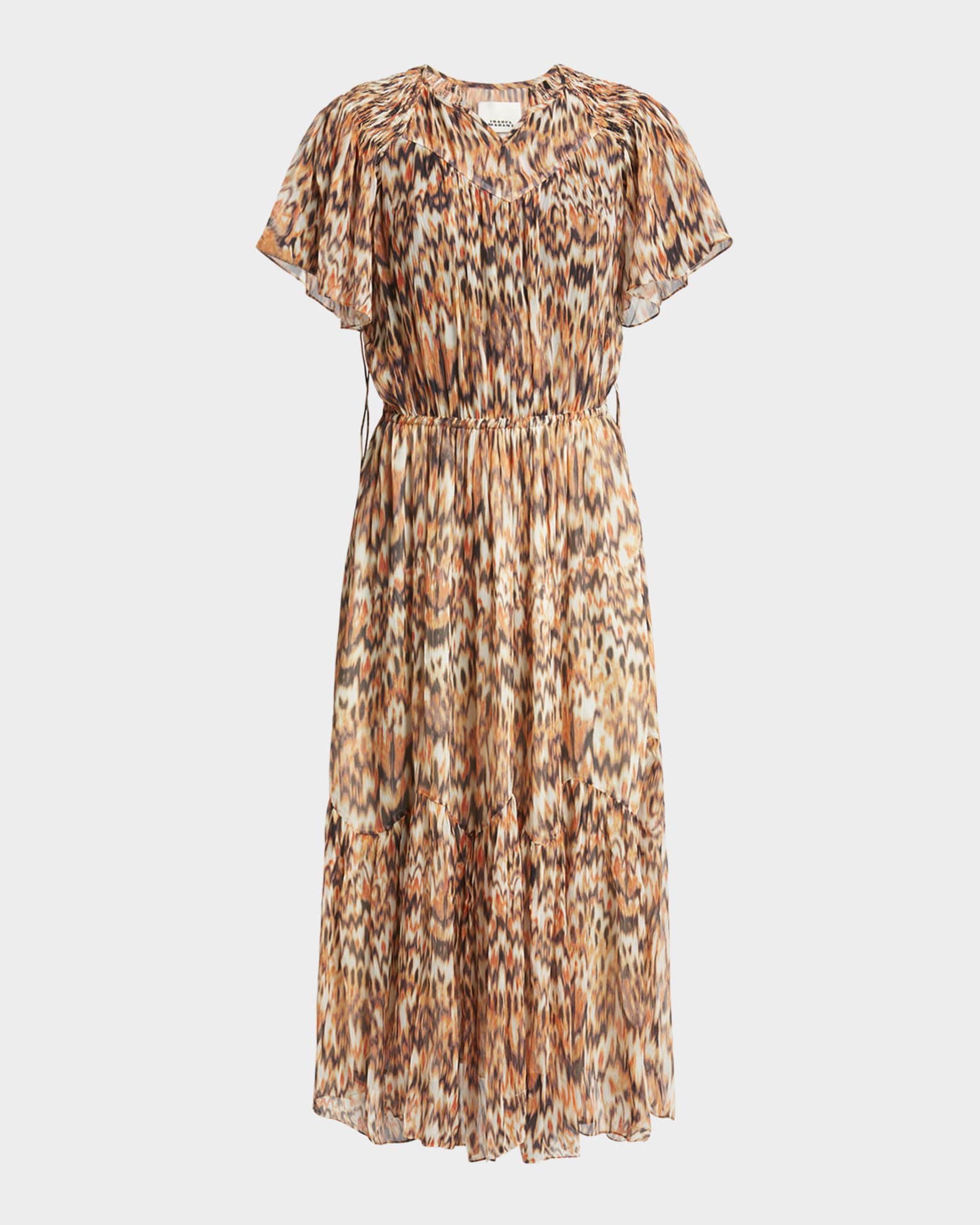 Odelia Flounce-Sleeve A-Line Silk Midi Dress 0