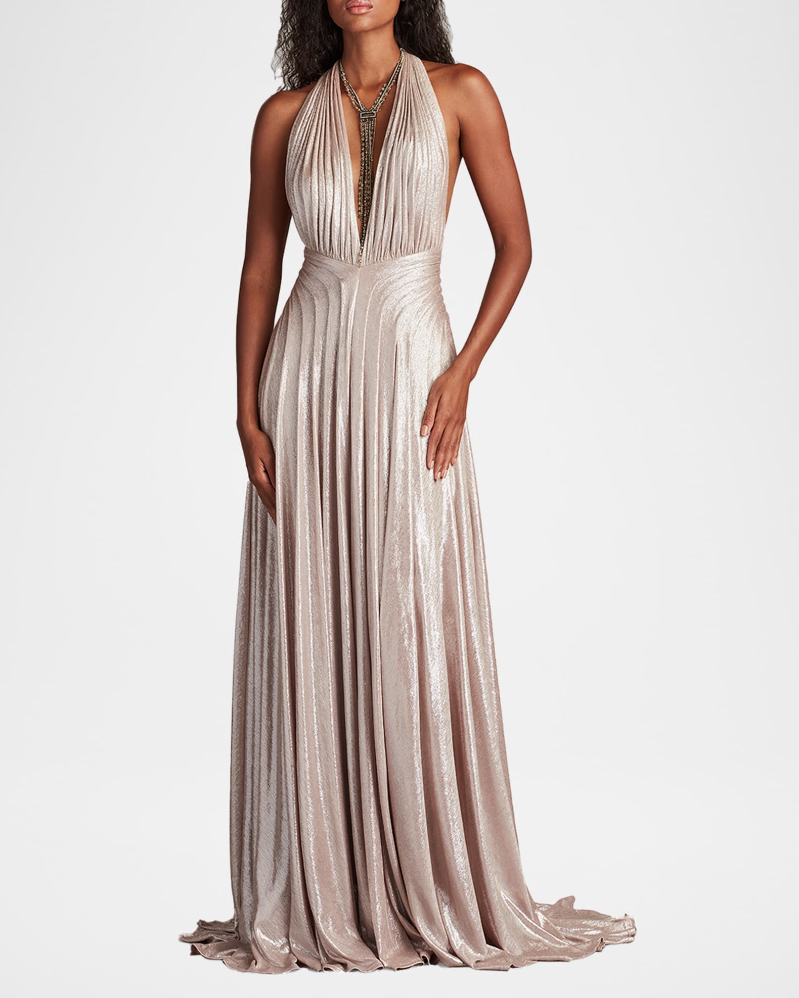 Backless Draped Deep V-Neck Gown