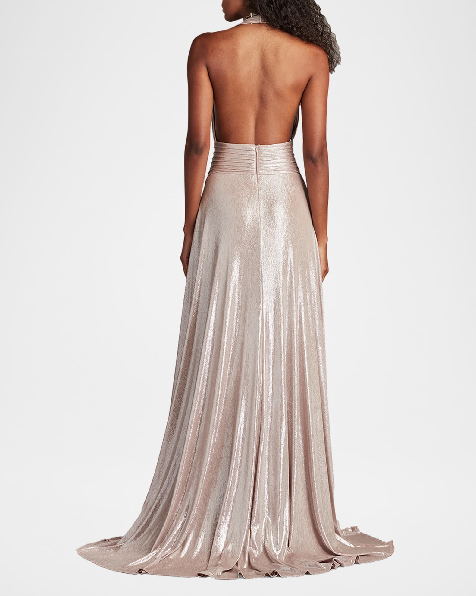 Backless Draped Deep V-Neck Gown
