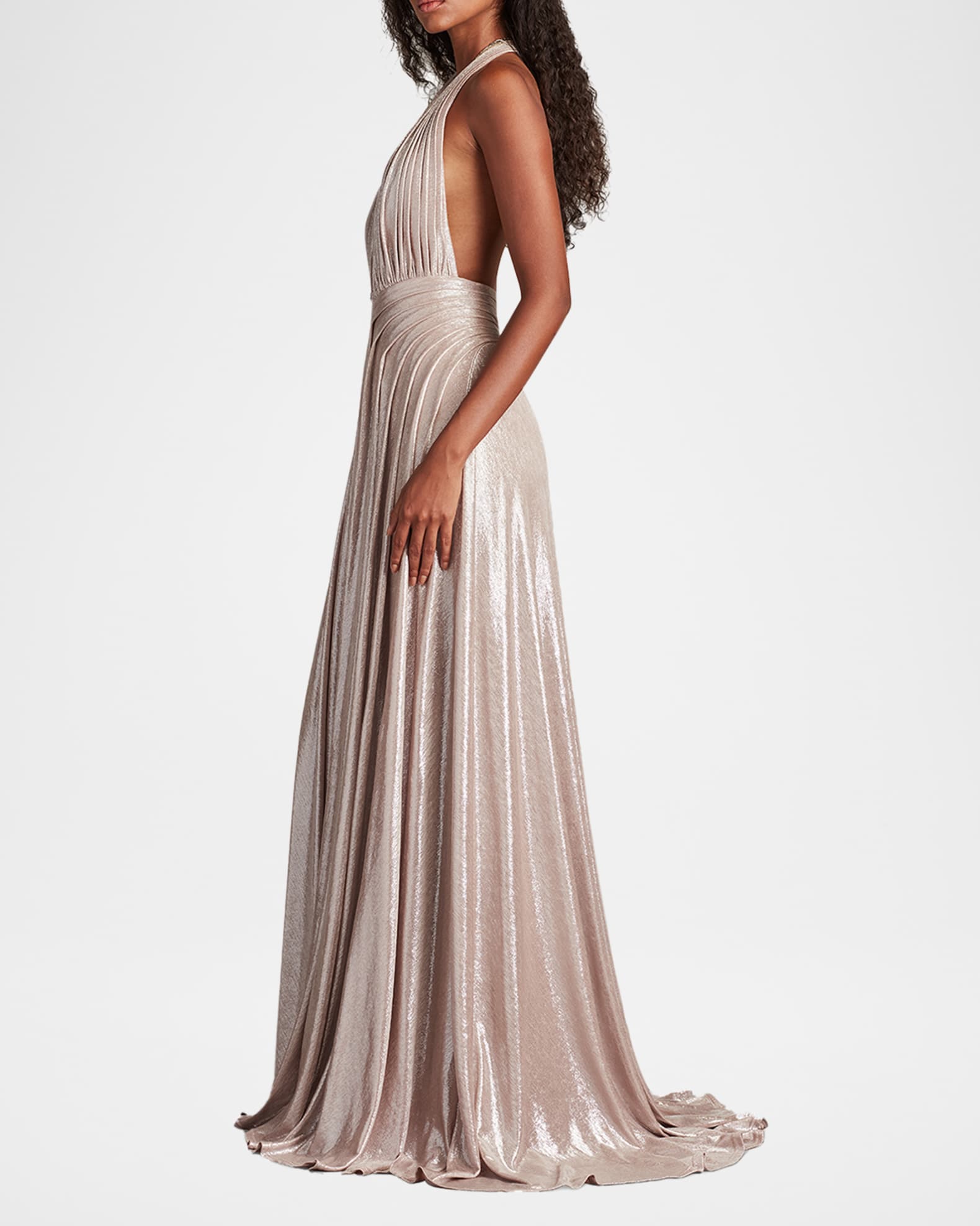Backless Draped Deep V-Neck Gown
