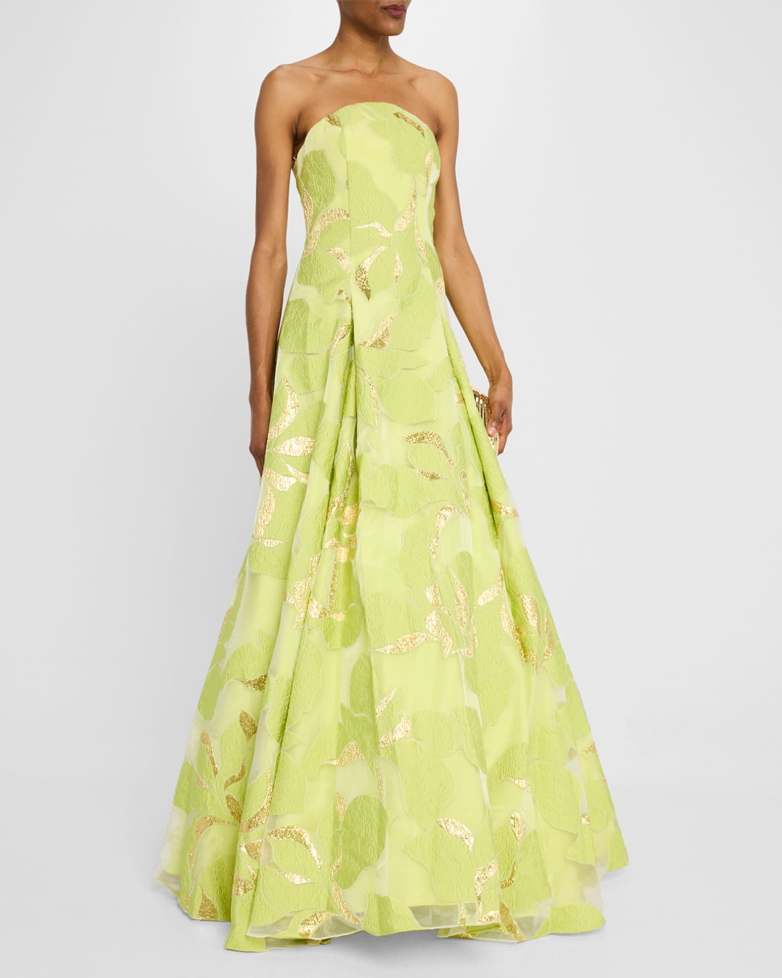 Pleated Strapless Floral Jacquard Gown 1