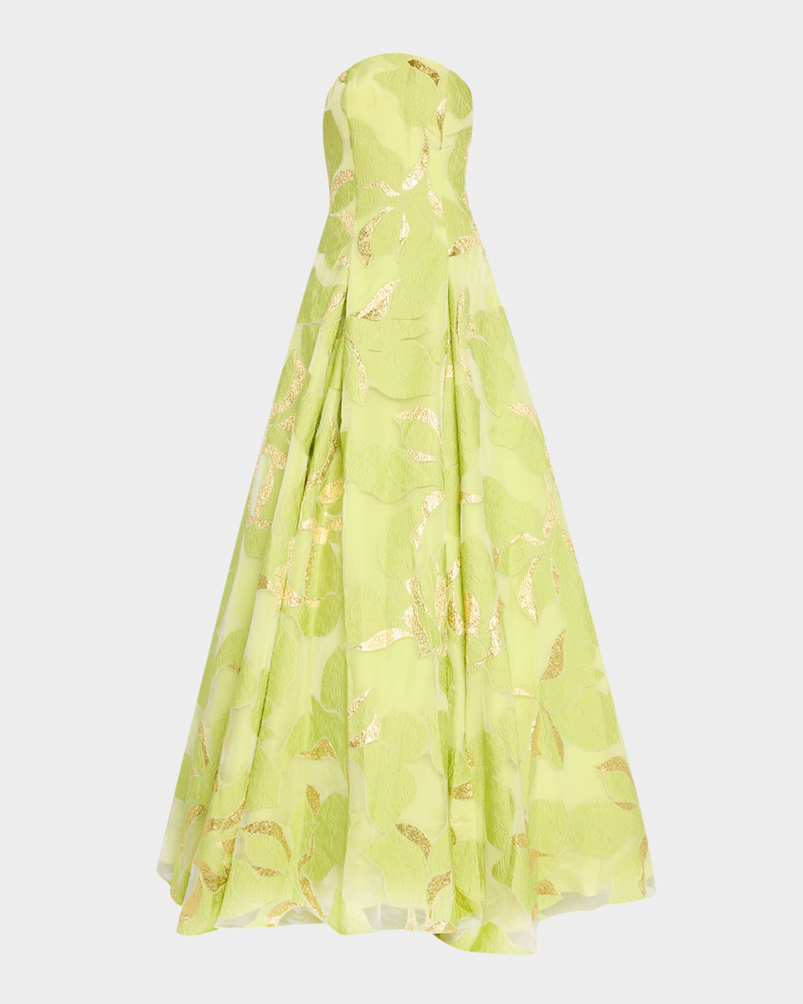 Pleated Strapless Floral Jacquard Gown 0