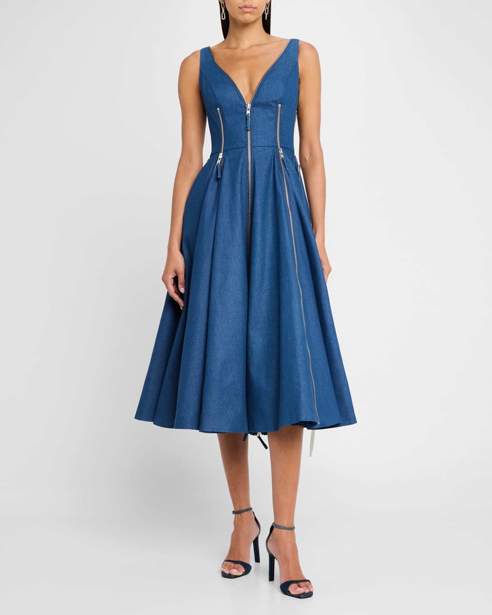 Zipper-Embellished Godet Denim Midi Dress 1