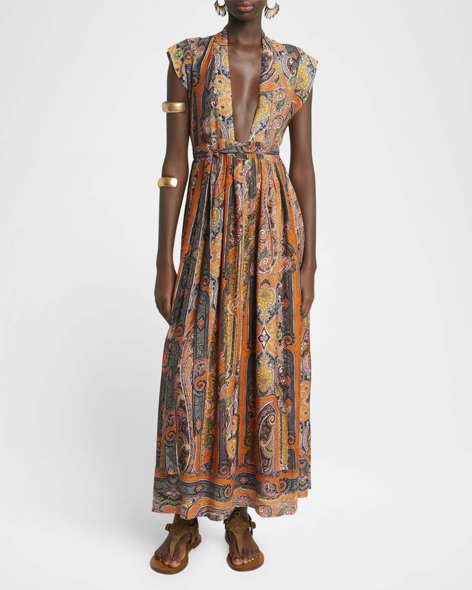 Melissa Plunging Paisley Striped Silk Maxi Dress 1