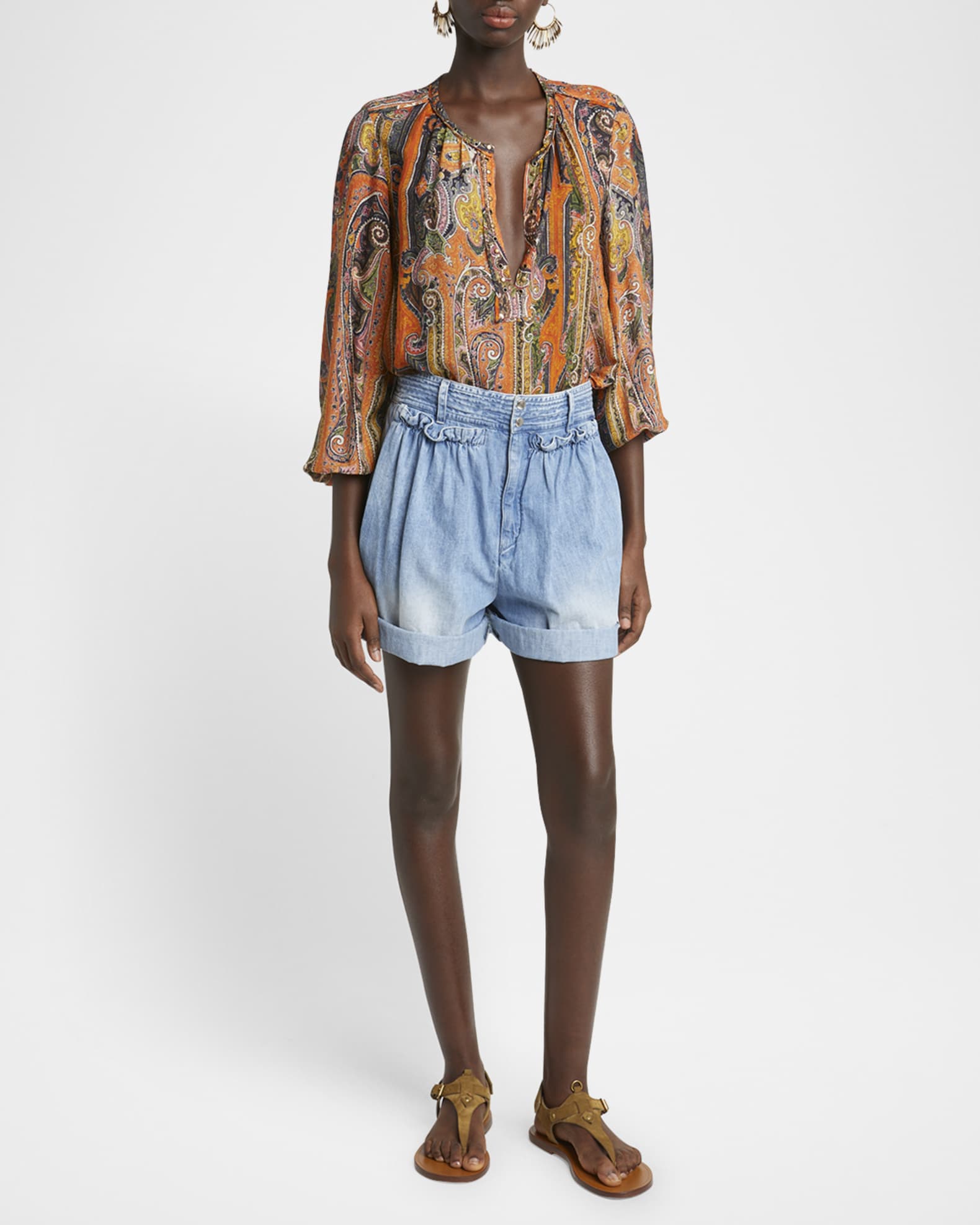 Ingrid Ruffle Wide-Leg Denim Shorts 1