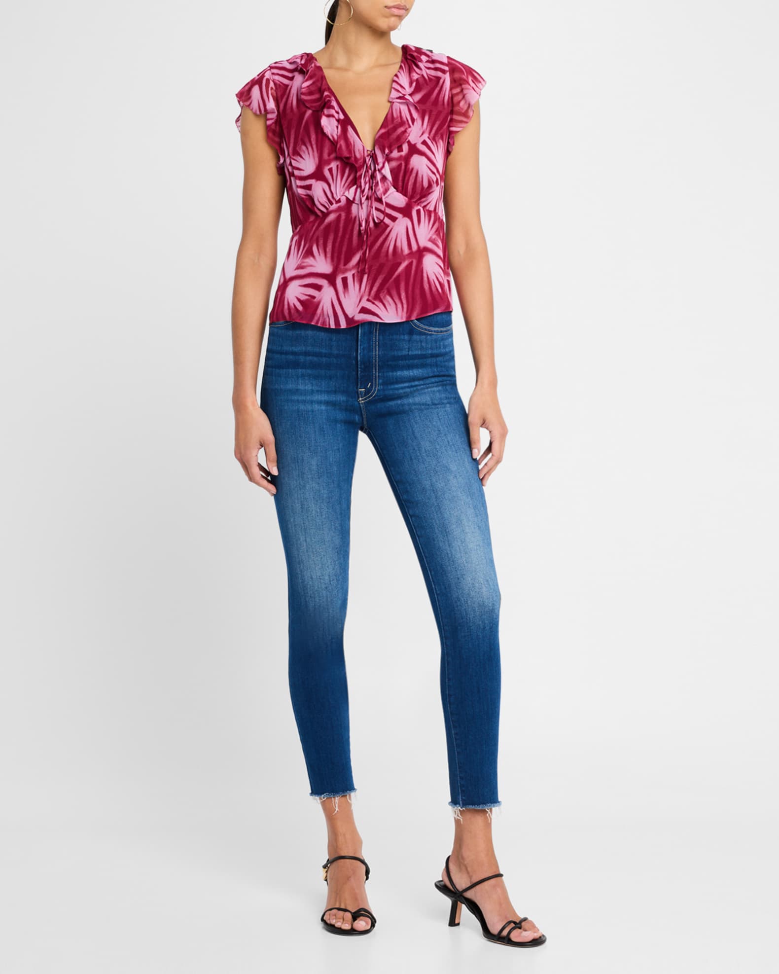 Carmine Chiffon Flutter-Sleeve Blouse 1