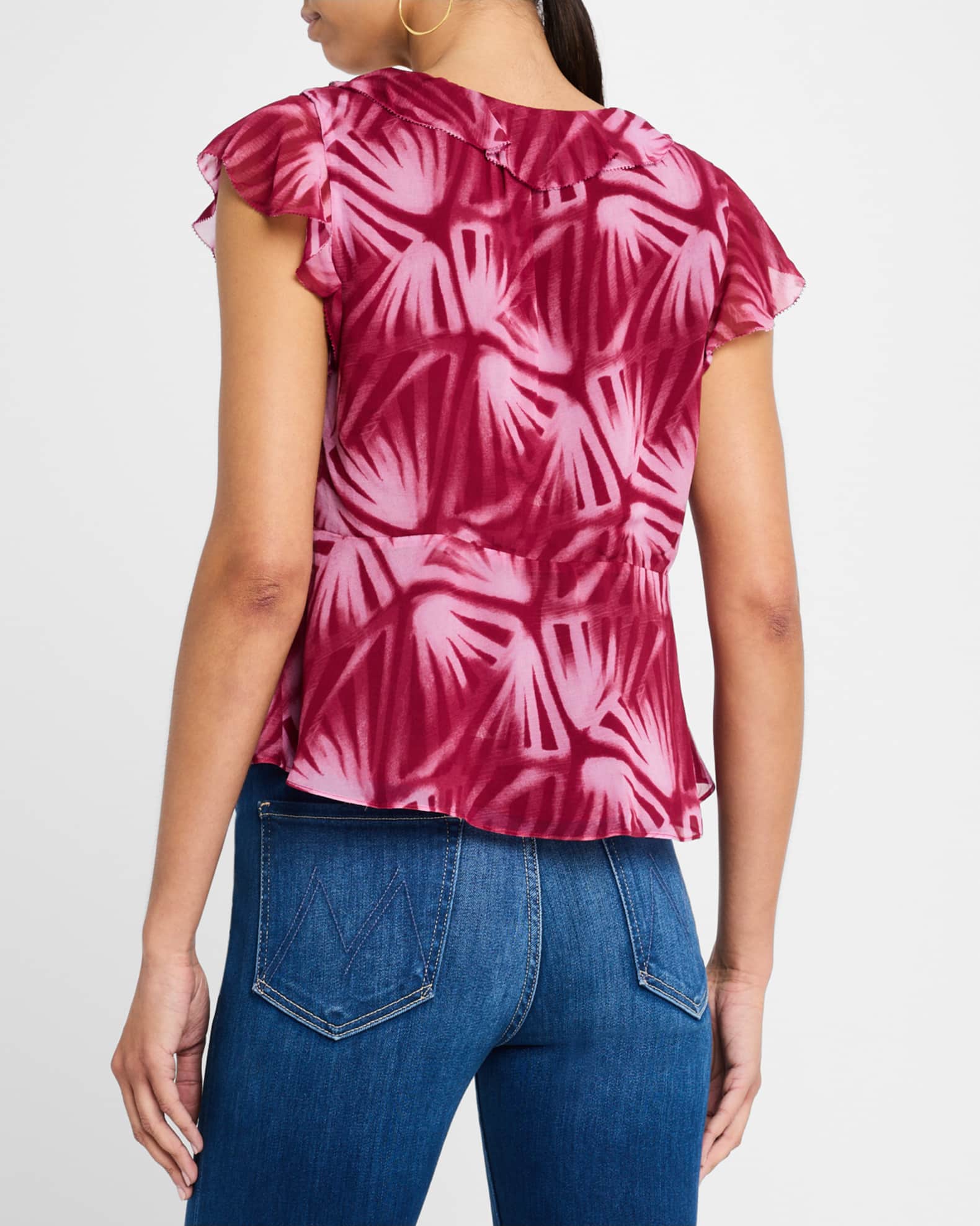 Carmine Chiffon Flutter-Sleeve Blouse