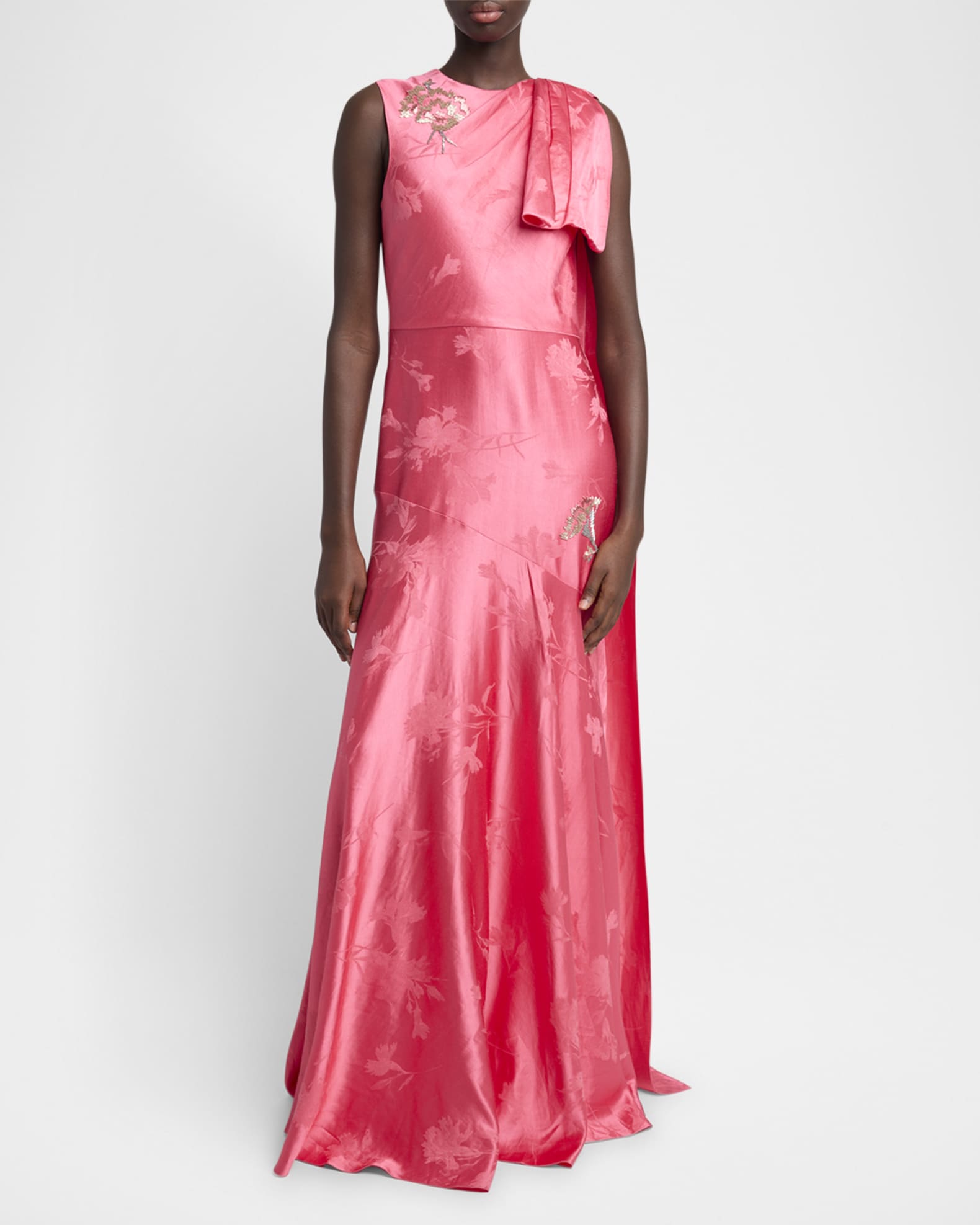 Asymmetric Drape Floral Silk Jacquard Gown 1