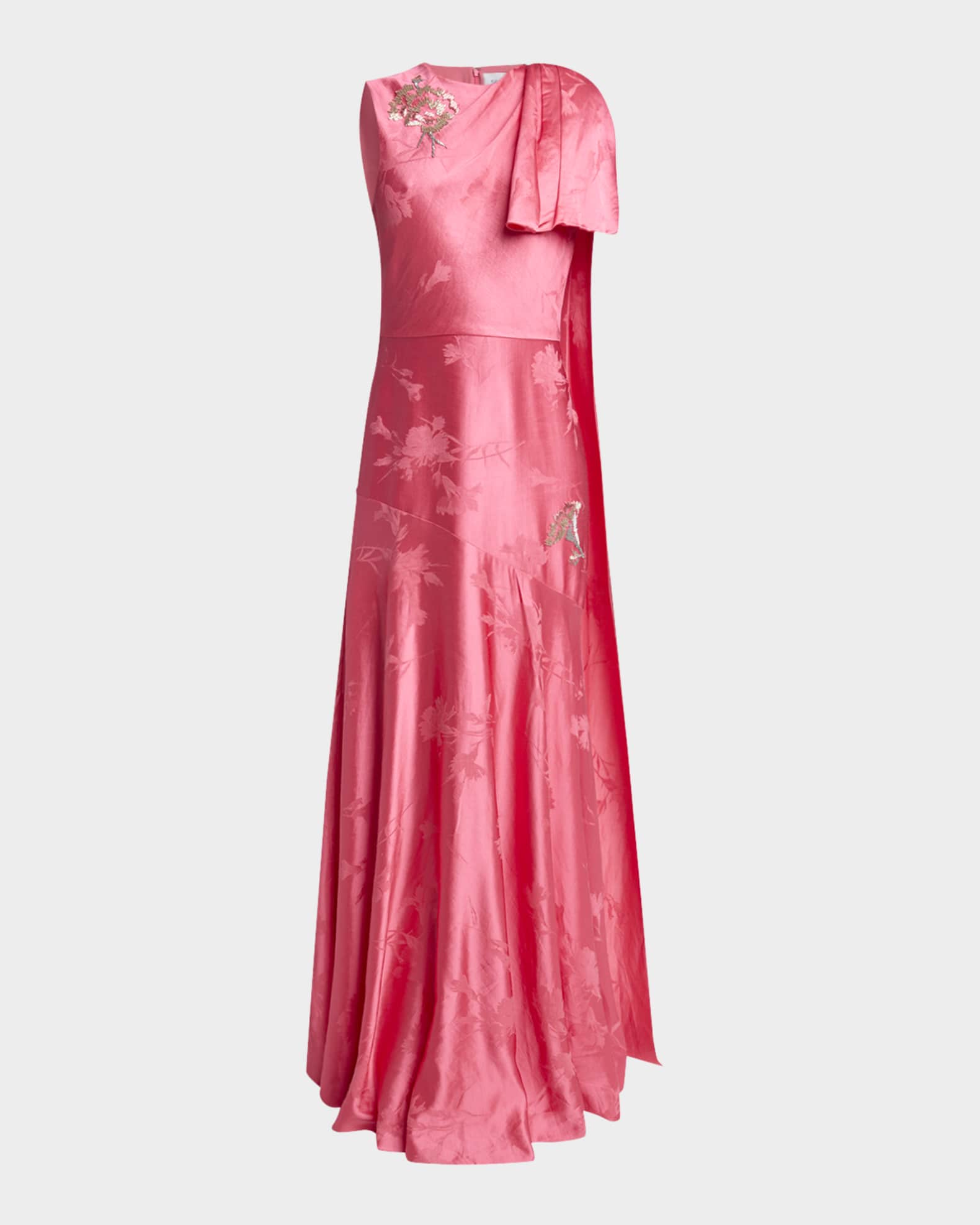 Asymmetric Drape Floral Silk Jacquard Gown 0