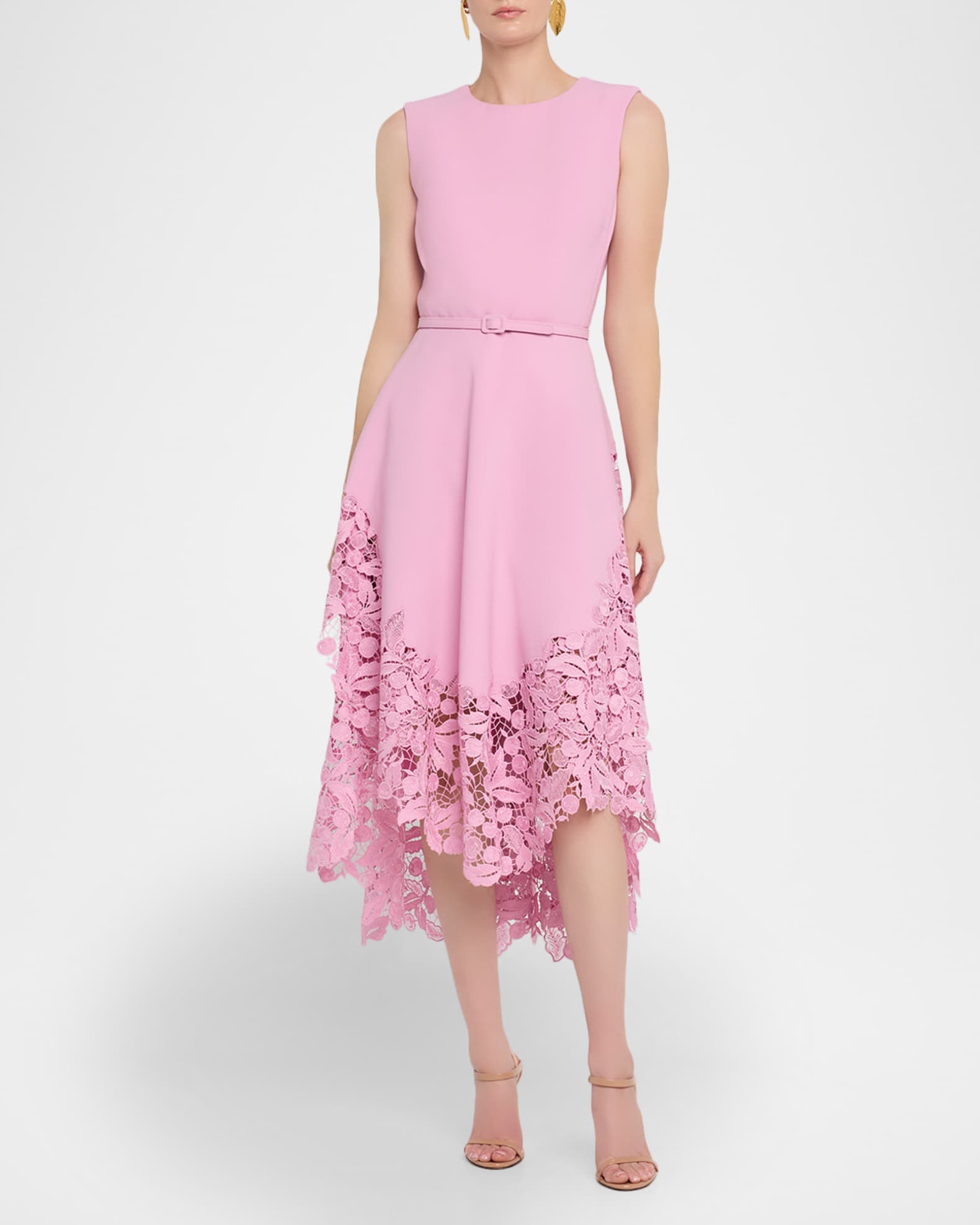 Sleeveless Cherry Guipure Embroidered High-Low Dress With Belt 1