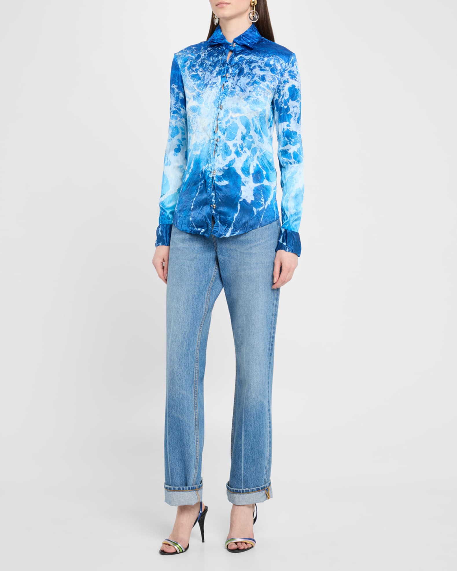 Sicily Ocean-Print Crinkle Silk Blouse 1