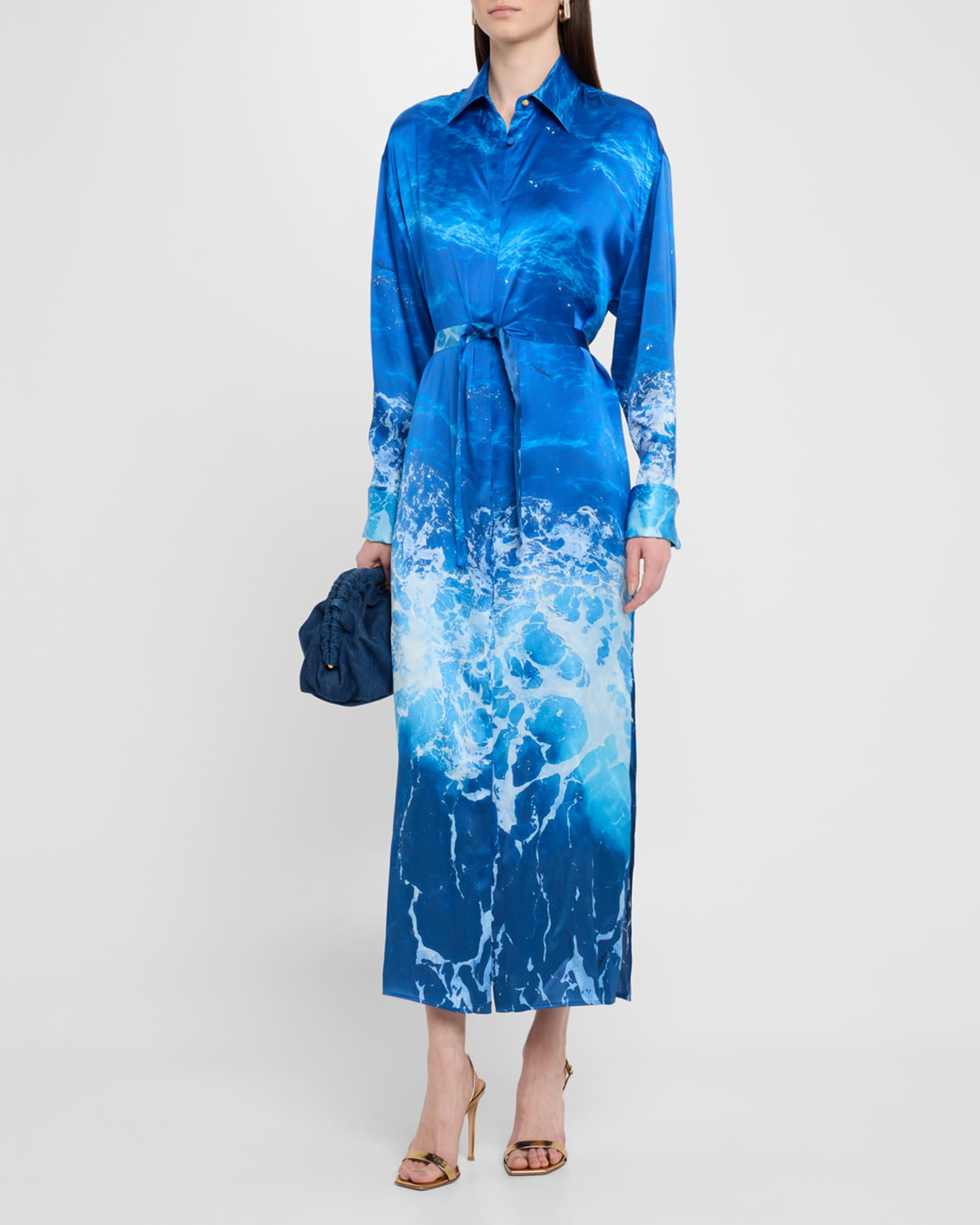Sicily Ocean-Print Silk Belted Maxi Shirtdress 1