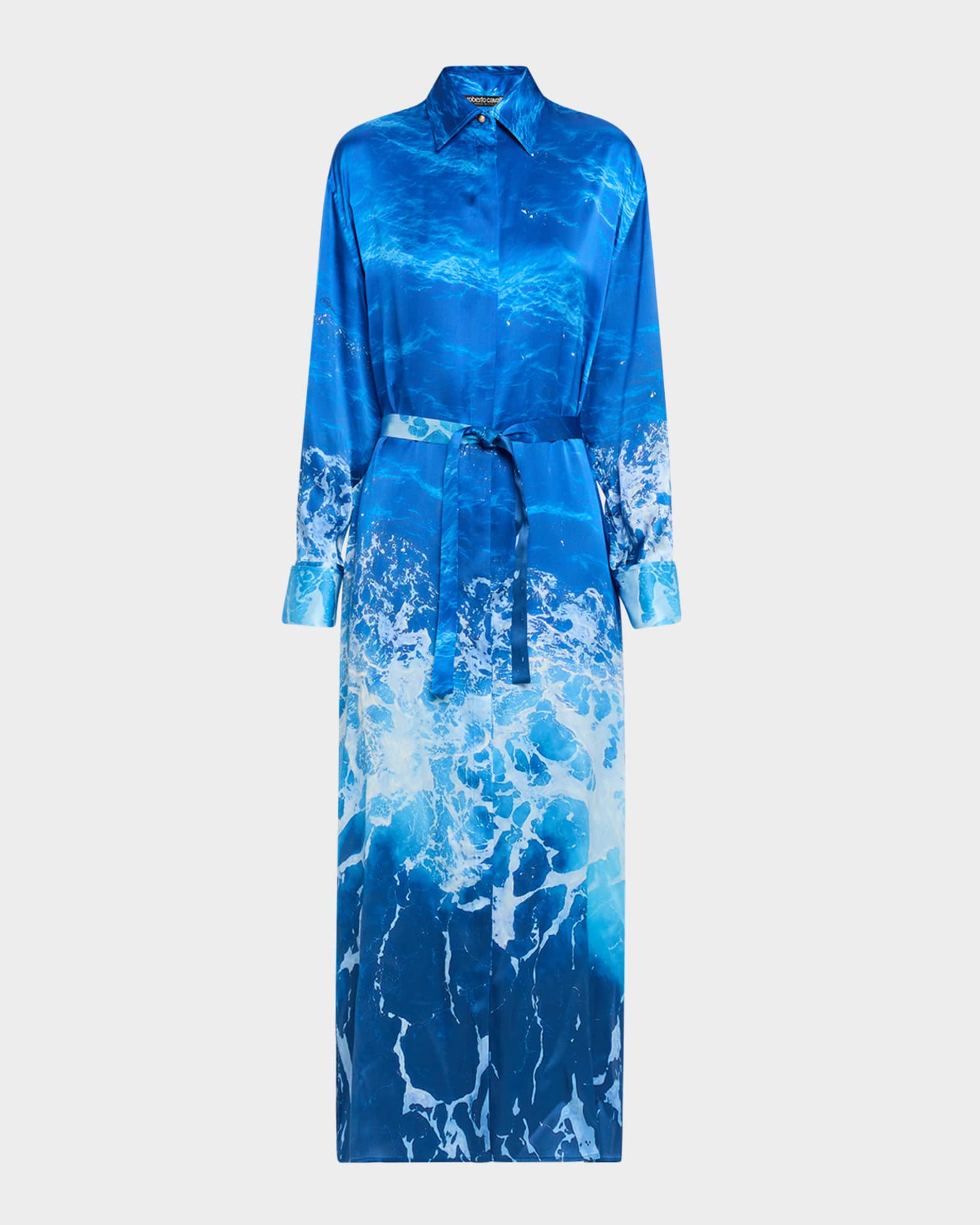 Sicily Ocean-Print Silk Belted Maxi Shirtdress 0