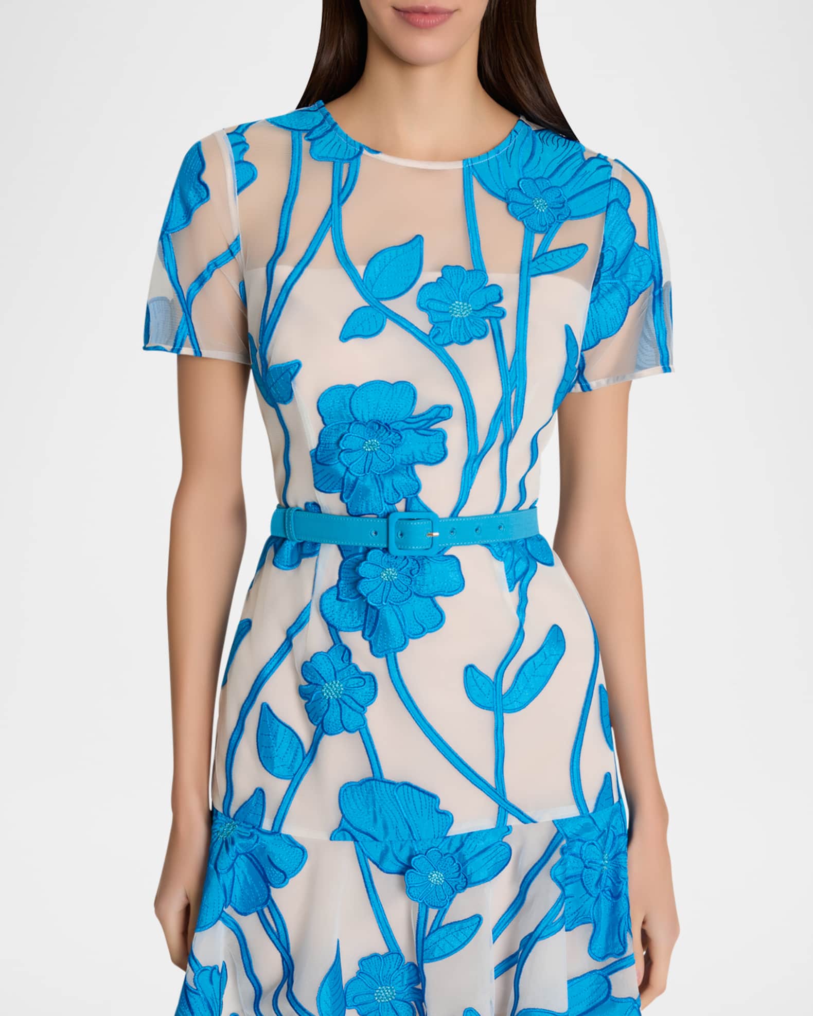 Milly Rosie Floral Applique Flounce Mesh Mini Dress | Neiman Marcus