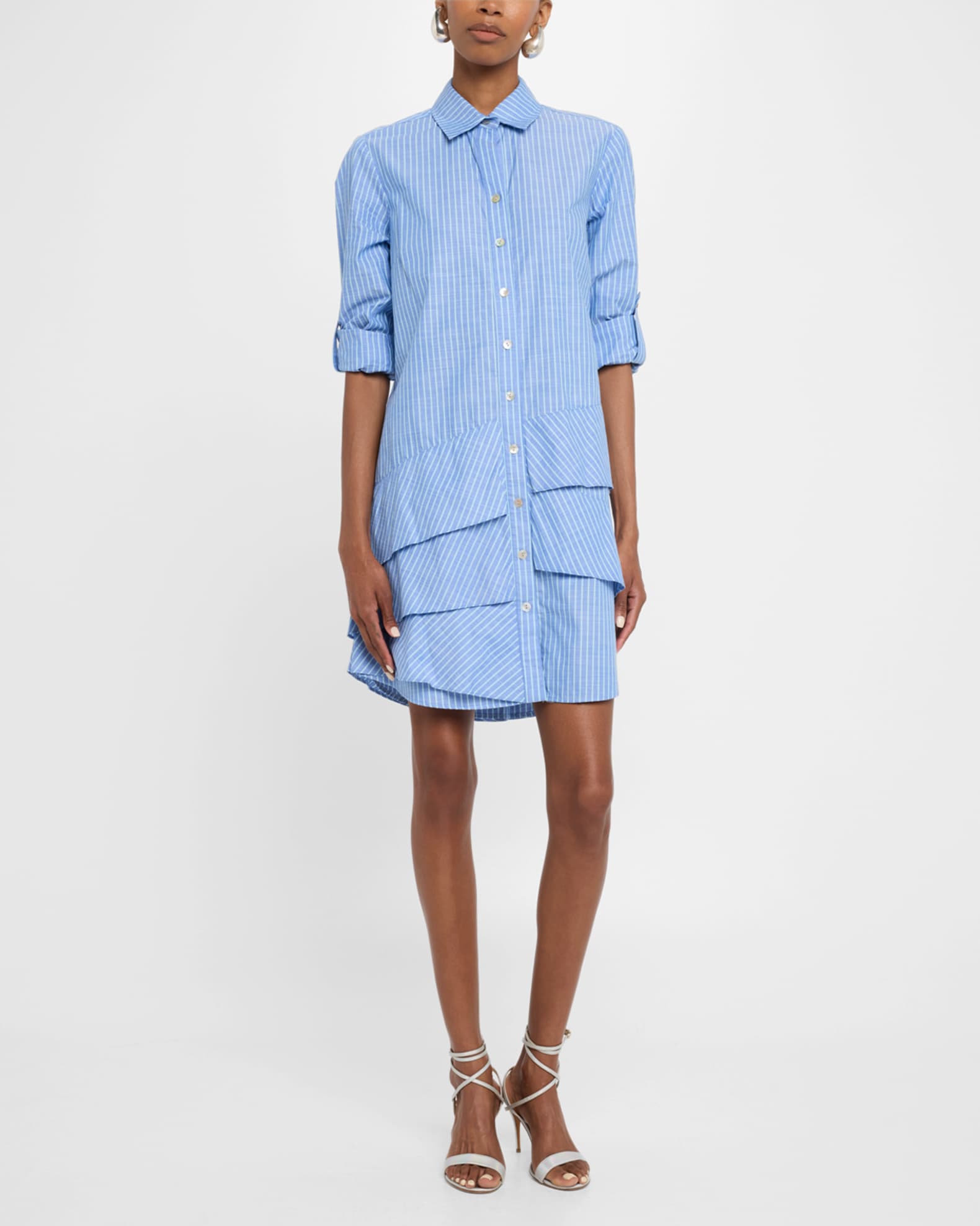 Jenna Striped Cotton Chambray Ruffle Shirtdress 1