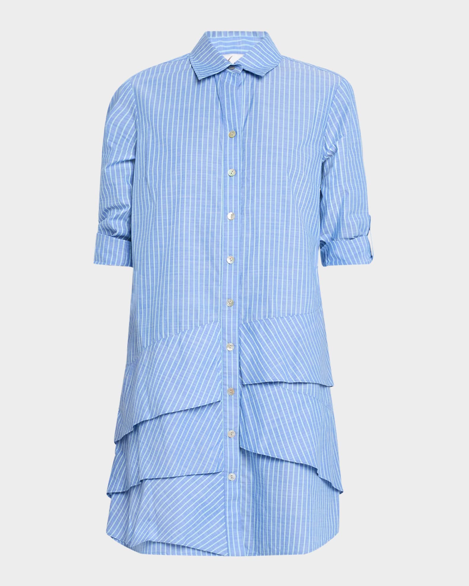 Jenna Striped Cotton Chambray Ruffle Shirtdress 0