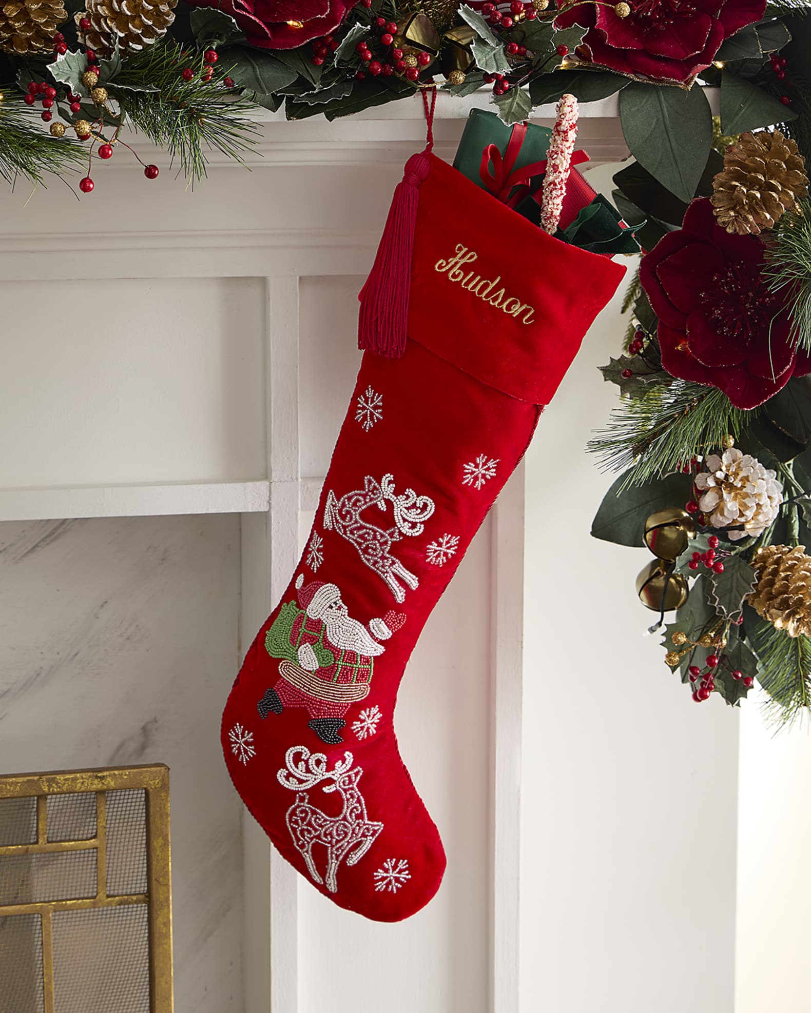 Beaded Santa and Reindeer Velvet Christmas Stocking, Personalized 0