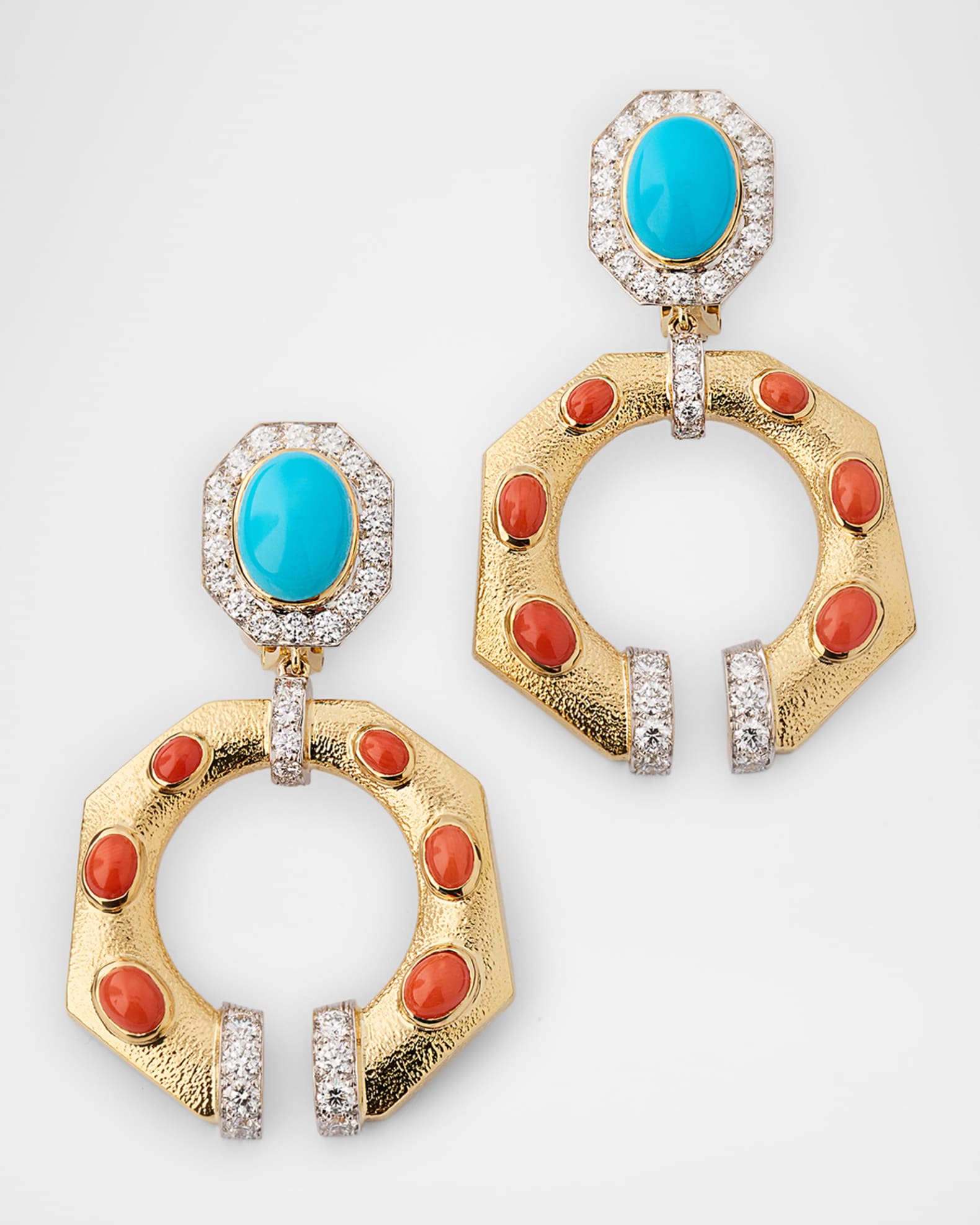 18K Octagonal Gap Link Earrings with Diamonds, Coral and Turquoise 0