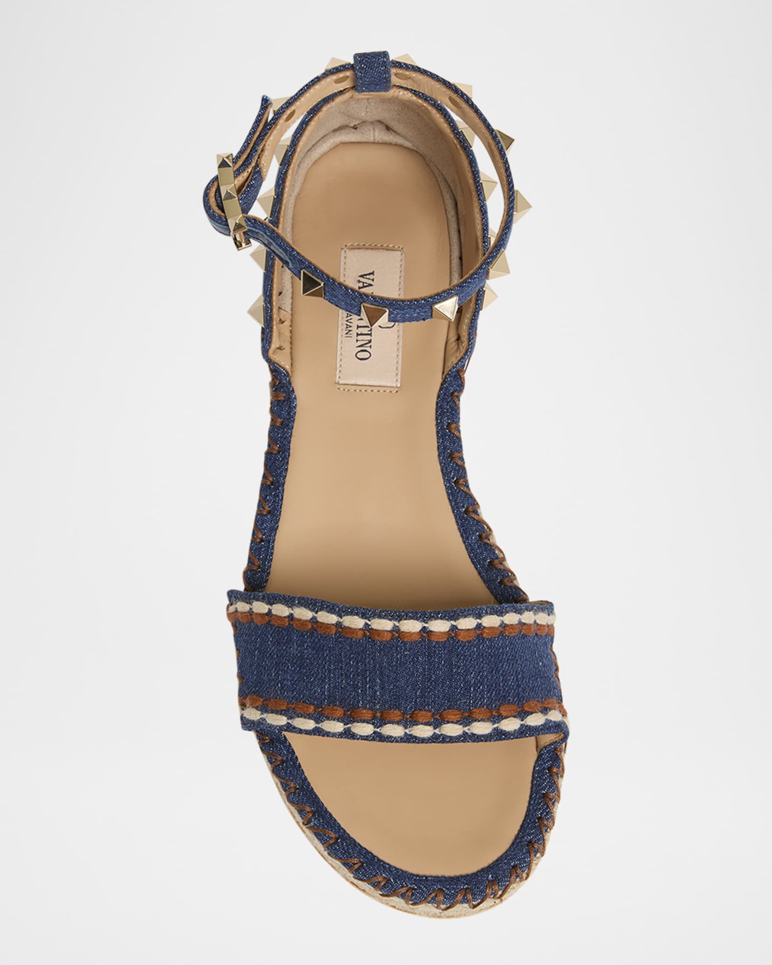 Valentino Garavani Rockstud Denim Wedge Espadrille Sandals