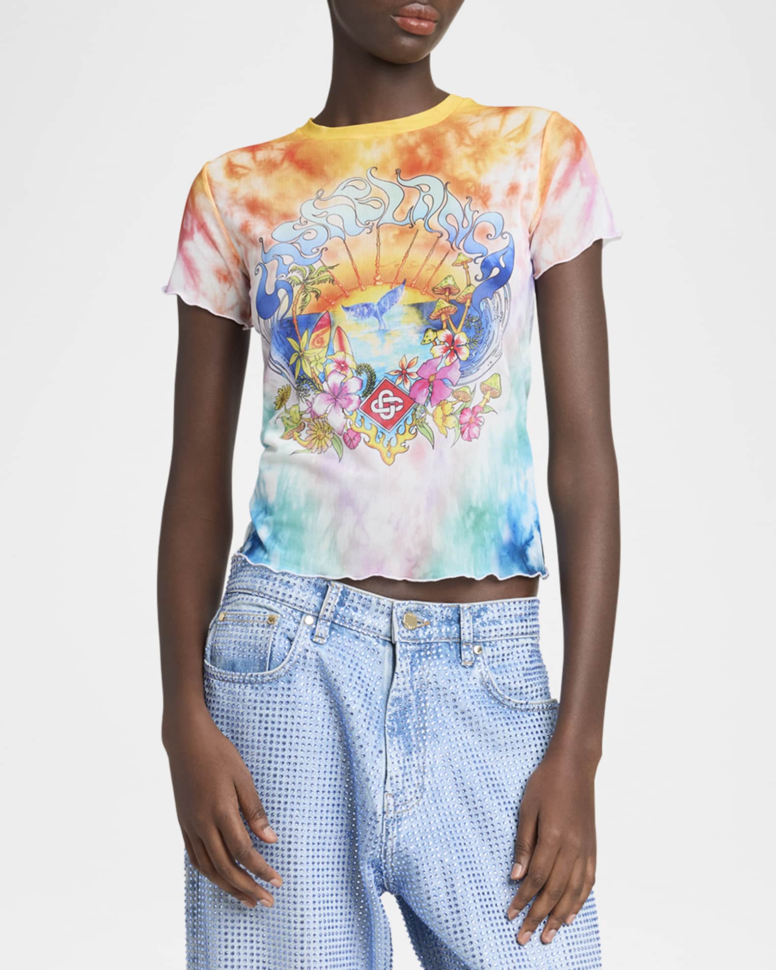 CASABLANCA Lettuce Hem Printed Mesh Tee | Neiman Marcus