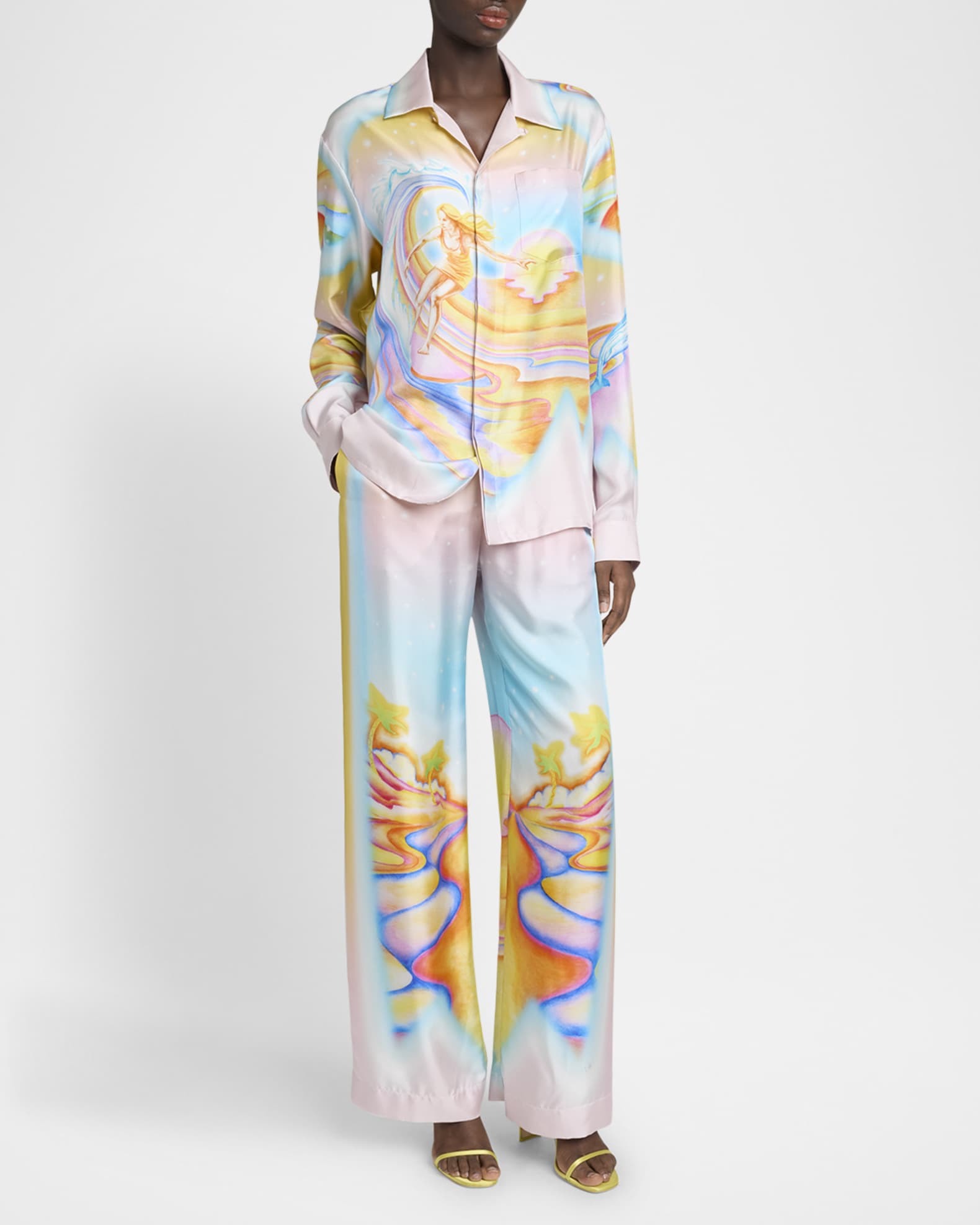 Printed Silk Wide-Leg Drawstring Trousers 1