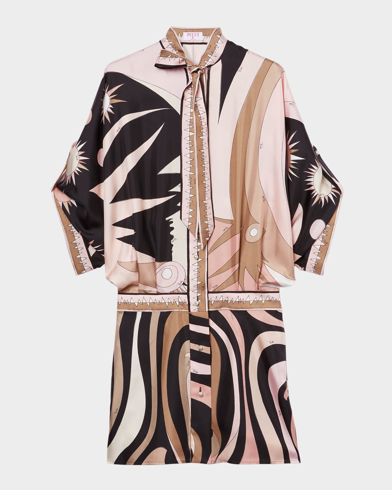 Marmo Silk Neck-Tie 3/4-Sleeve Mini Shirtdress 0