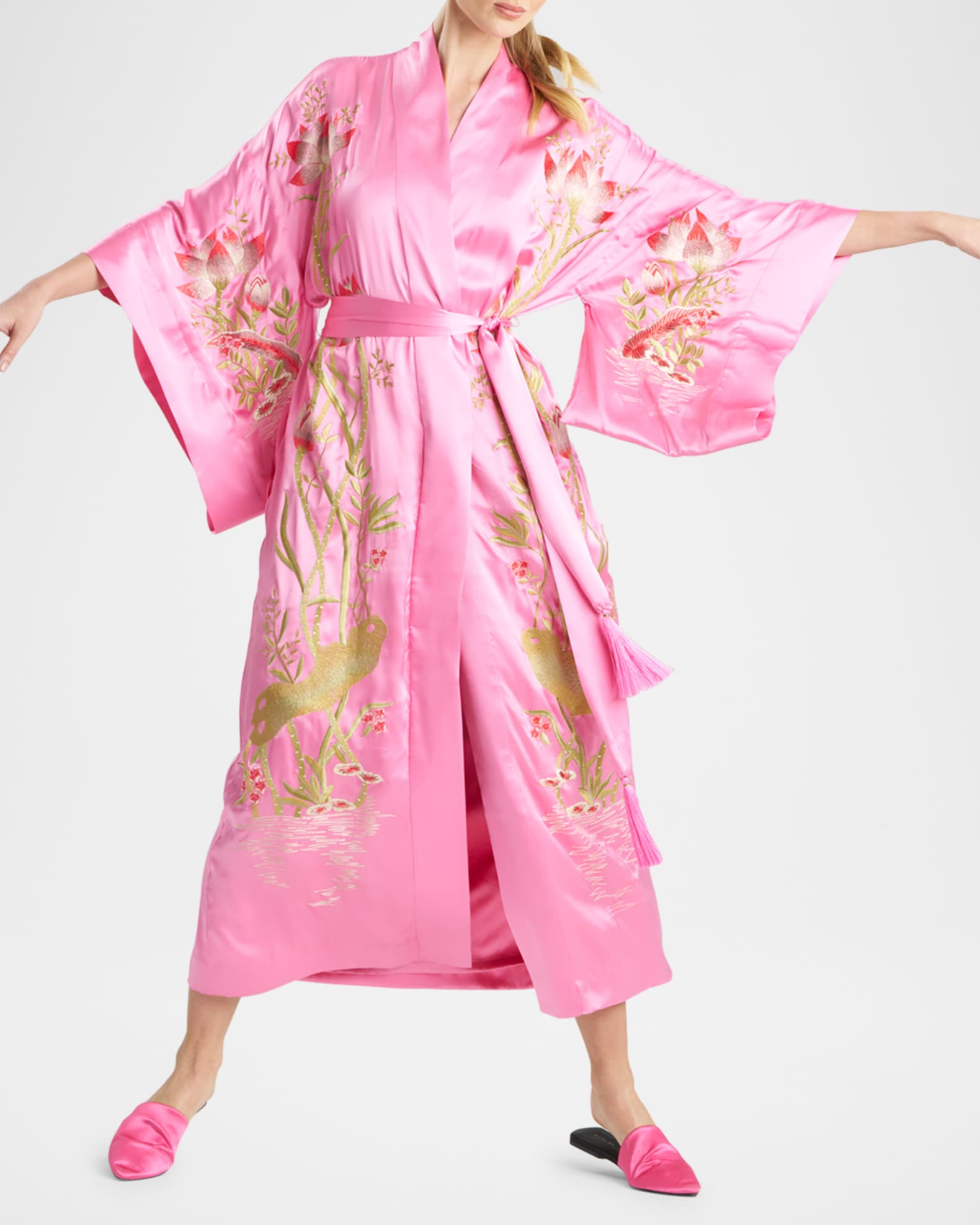 Lotus Couture Embroidered Silk Charmeuse Robe 1