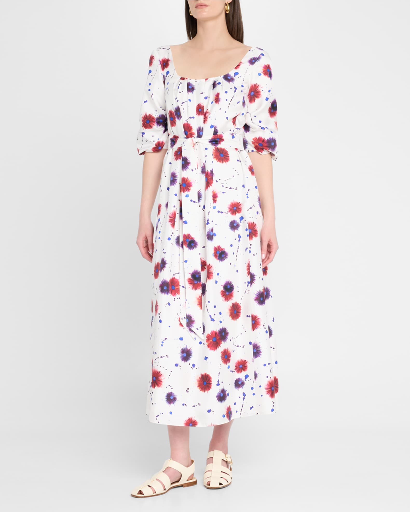 Payden Floral Print Silk Puff-Sleeve Midi Dress 1