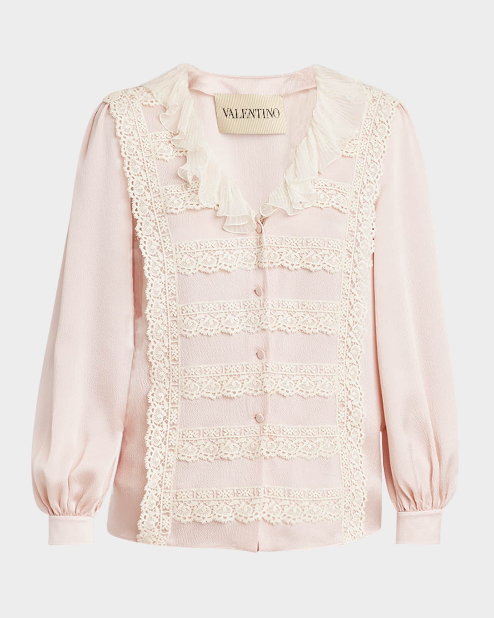 Ruffle V-Neck Lace Trim Silk Shirt 0