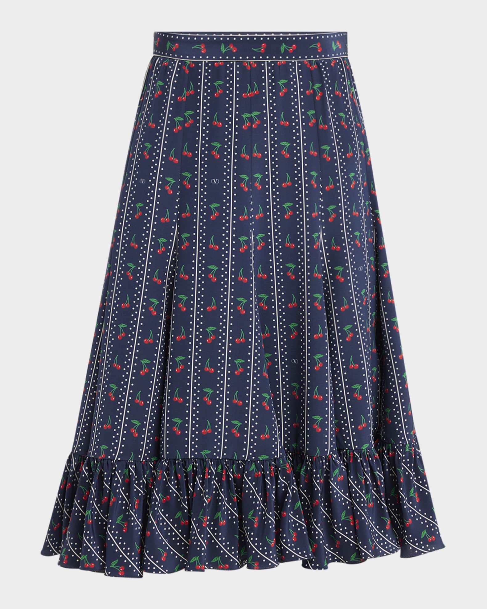 Cherry Polka-Dot Striped Crepe De Chine Skirt 0