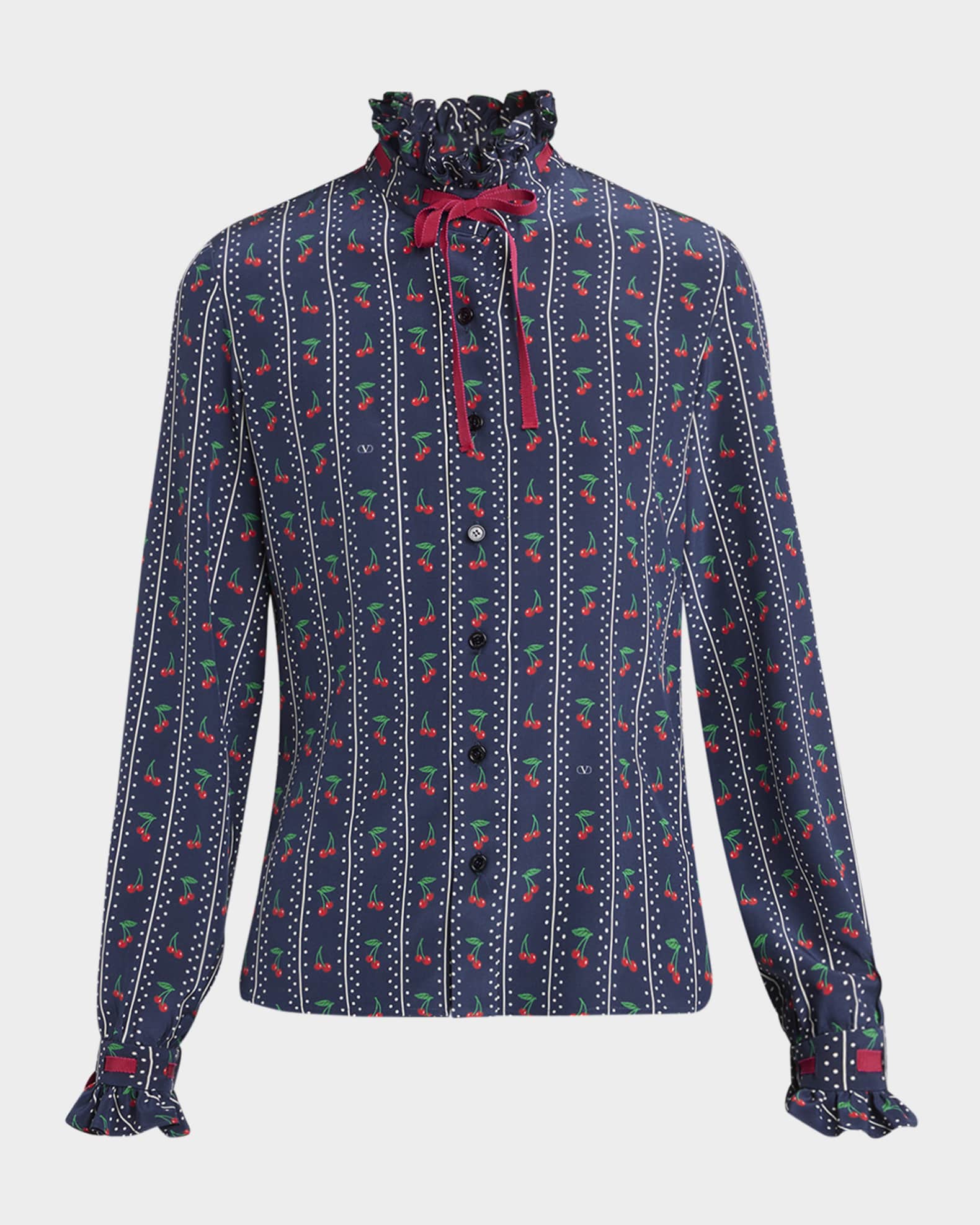 Cherry Polka-Dot Striped Crepe De Chine Shirt 0