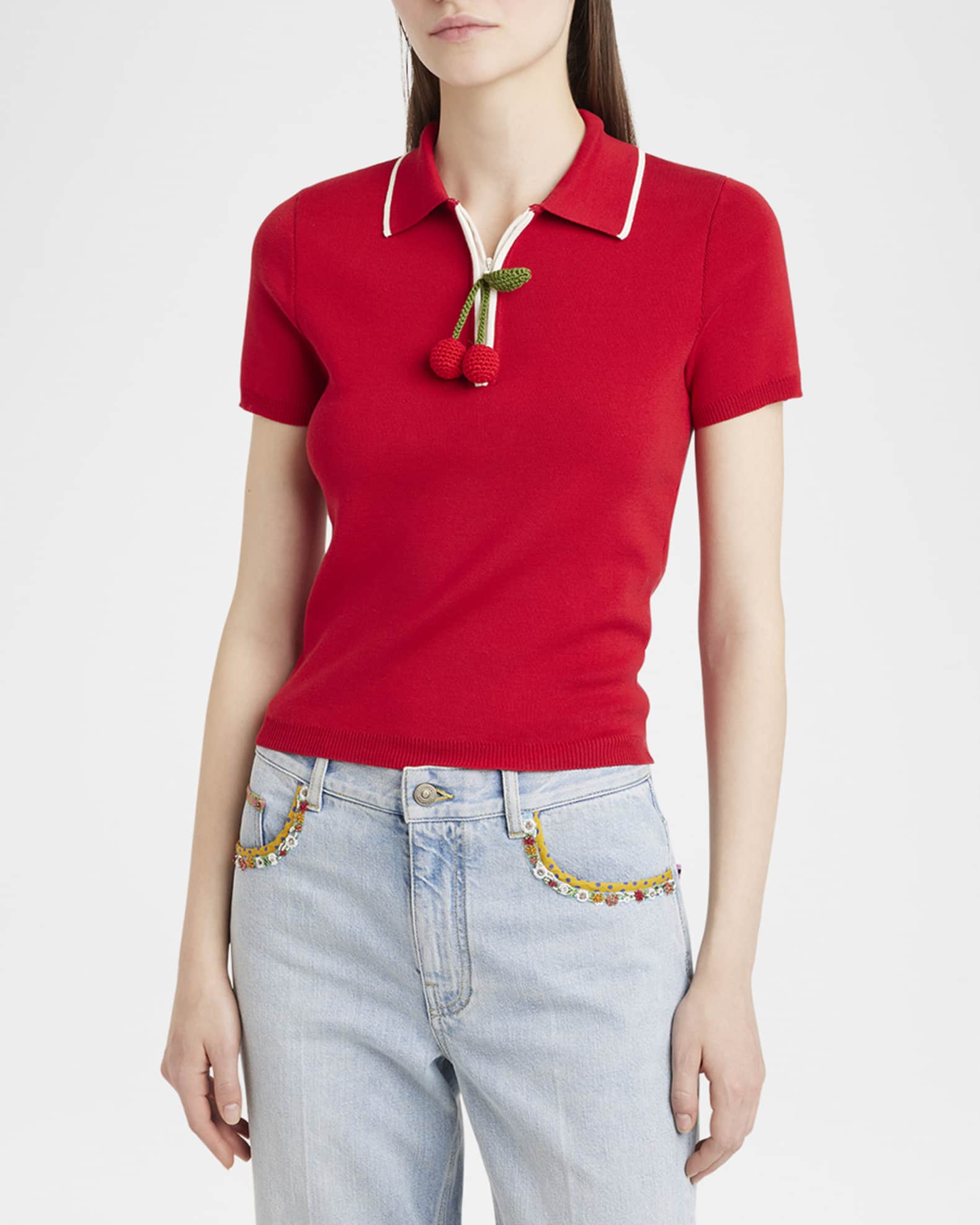 Tシャツ・カットソー Valentino Cherry Motif Knit Sweater With Polo Collar Cherryfic cotton polo sweater in blue - Valentino | Mytheresa