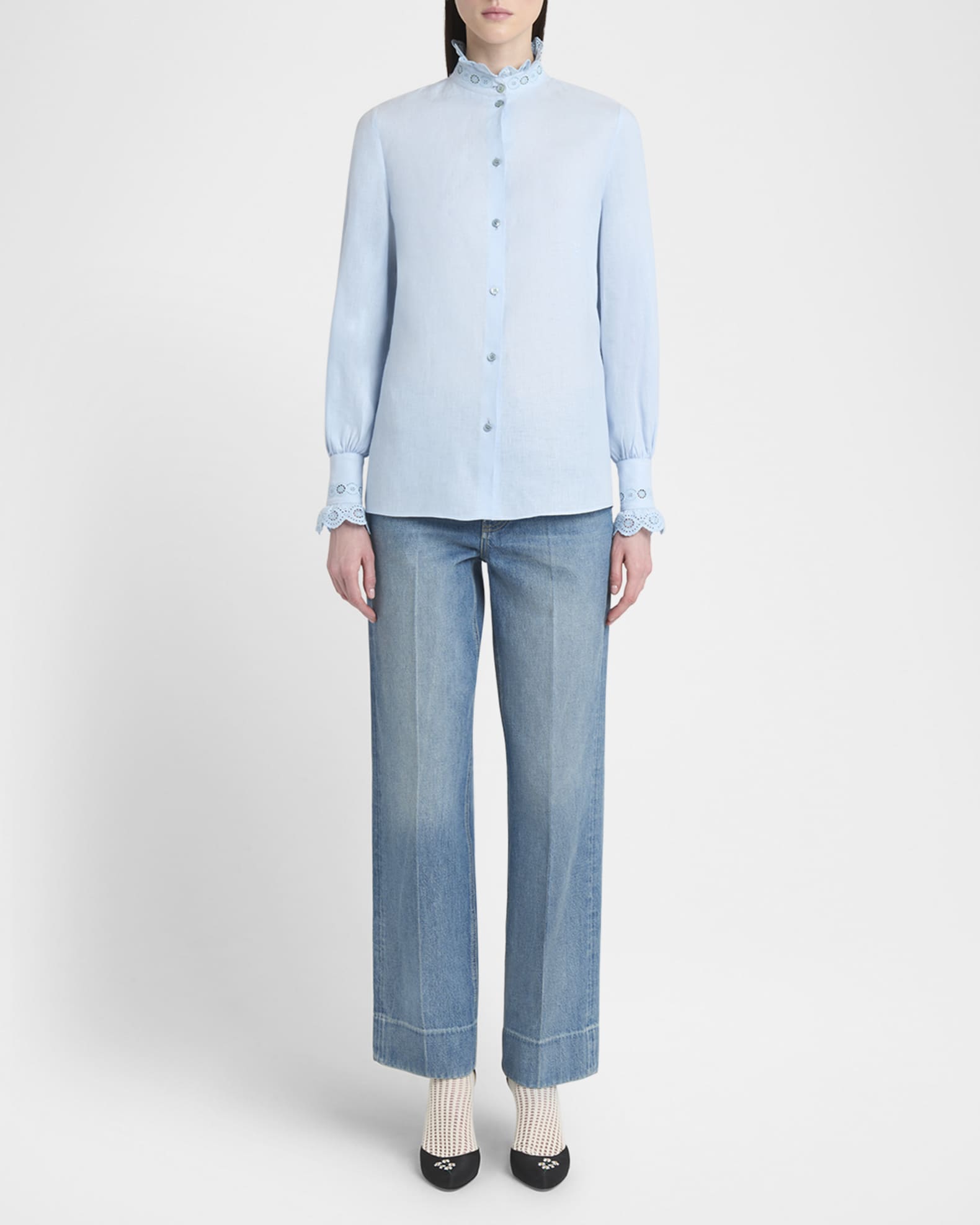 Eyelet Embroidered Ruffle Button-Down Shirt 1
