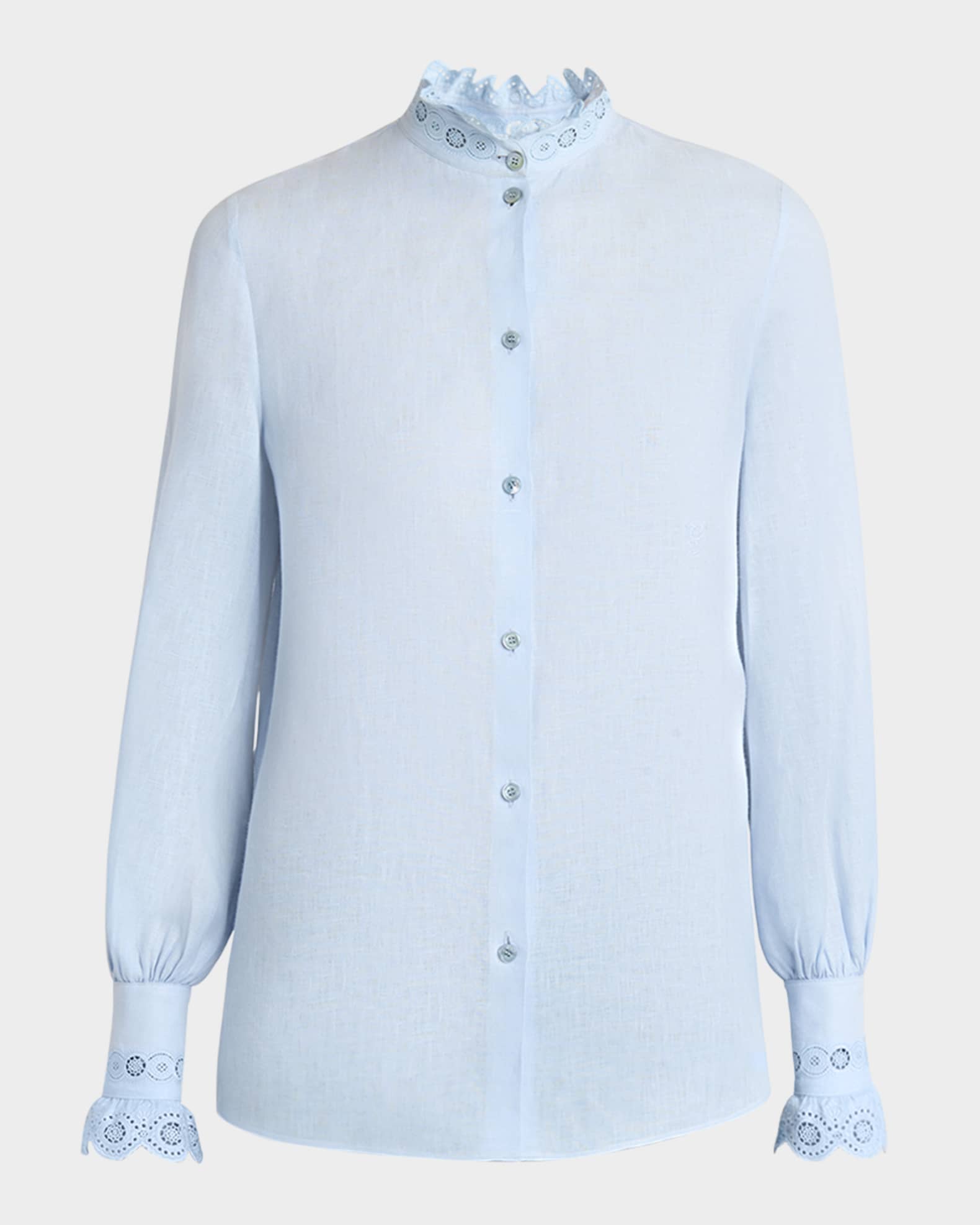 Eyelet Embroidered Ruffle Button-Down Shirt 0