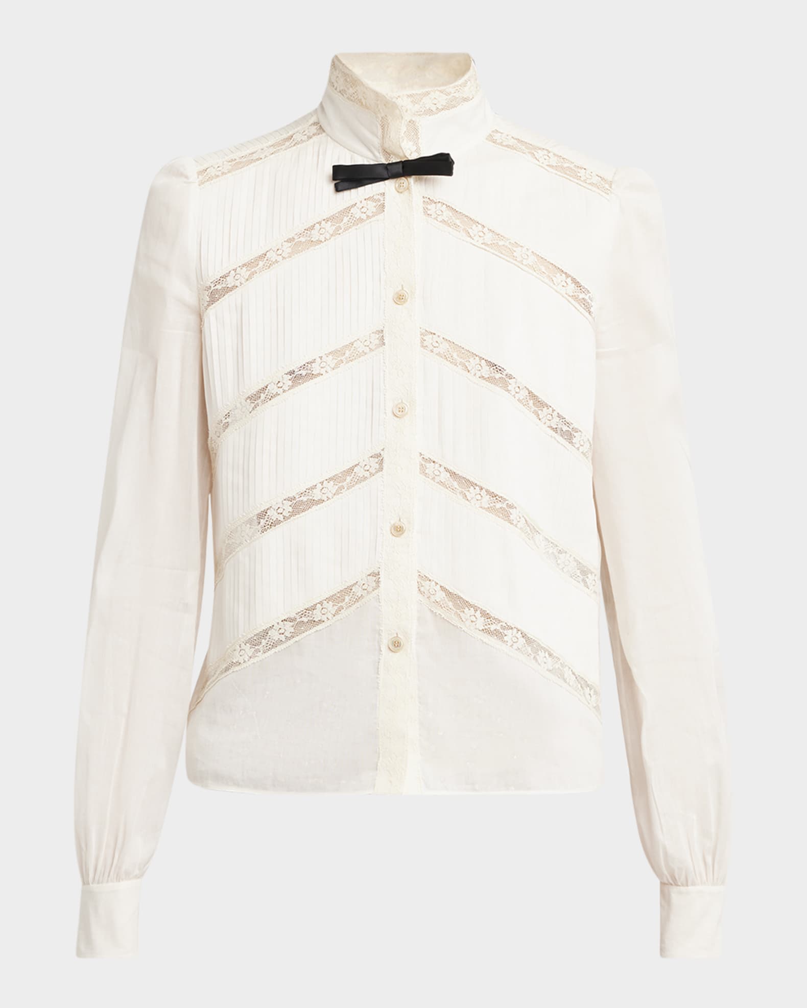 Lace-Inset Pintuck Cotton Blouse 0