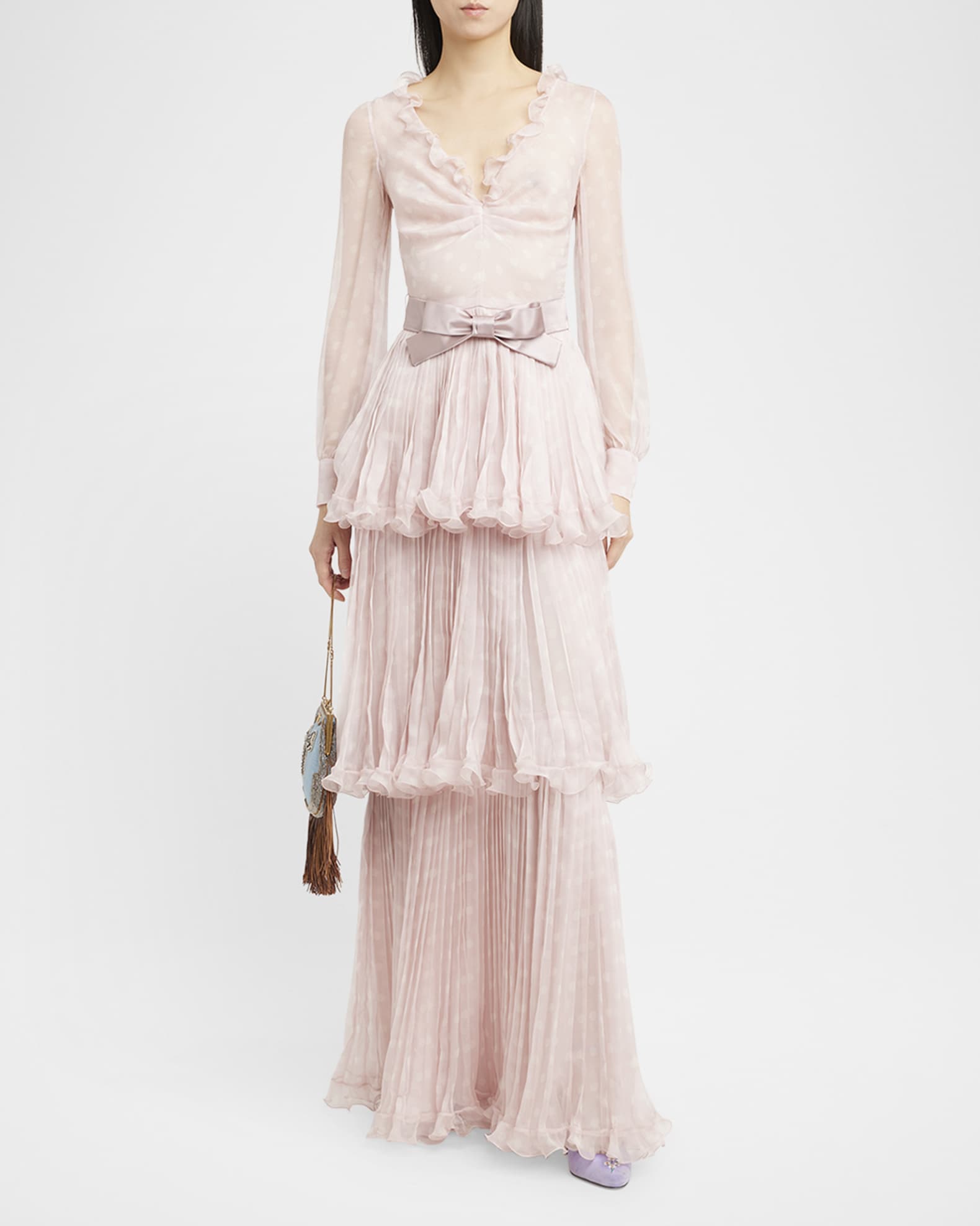 Polka-Dot Chiffon Tiered Ruffle Gown 1