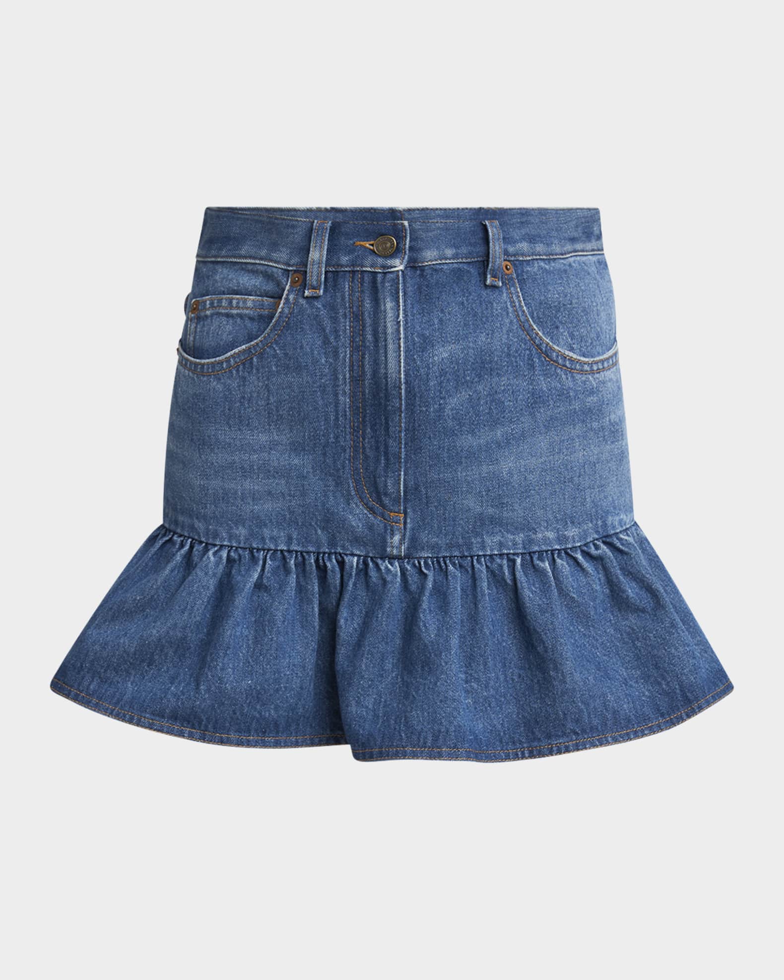 【関税＆送料込み】Valentino Garavani Denim Mini Skirt With Valentino Garavani Ruffle Denim Mini Skirt | Neiman Marcus
