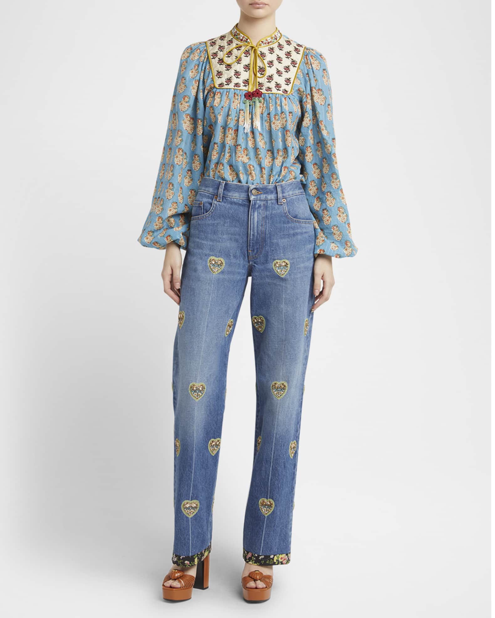 Embroidered Heart Denim Pants with Floral Boarder 1