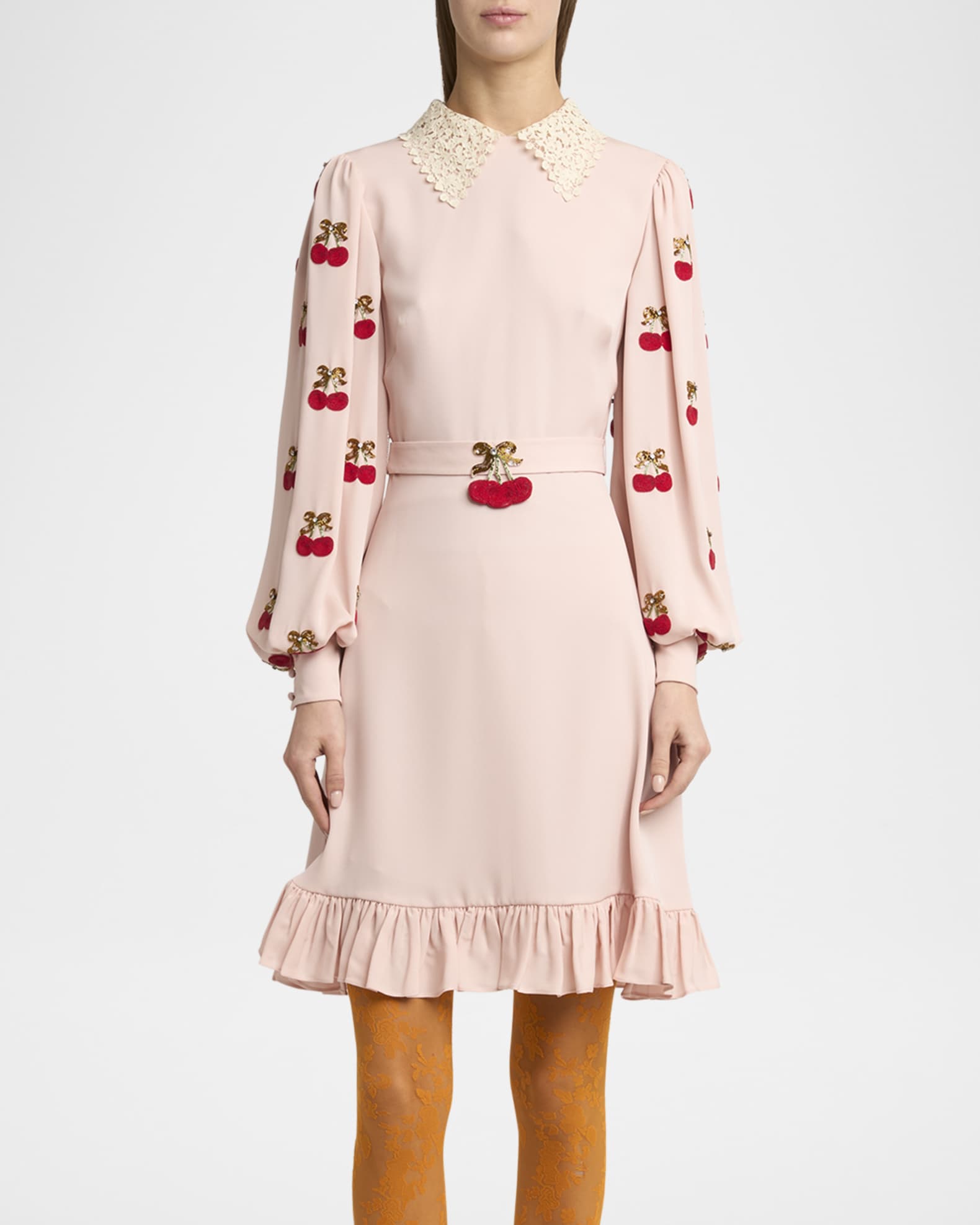 Cherry Embroidered Georgette Balloon-Sleeve Mini Dress 1