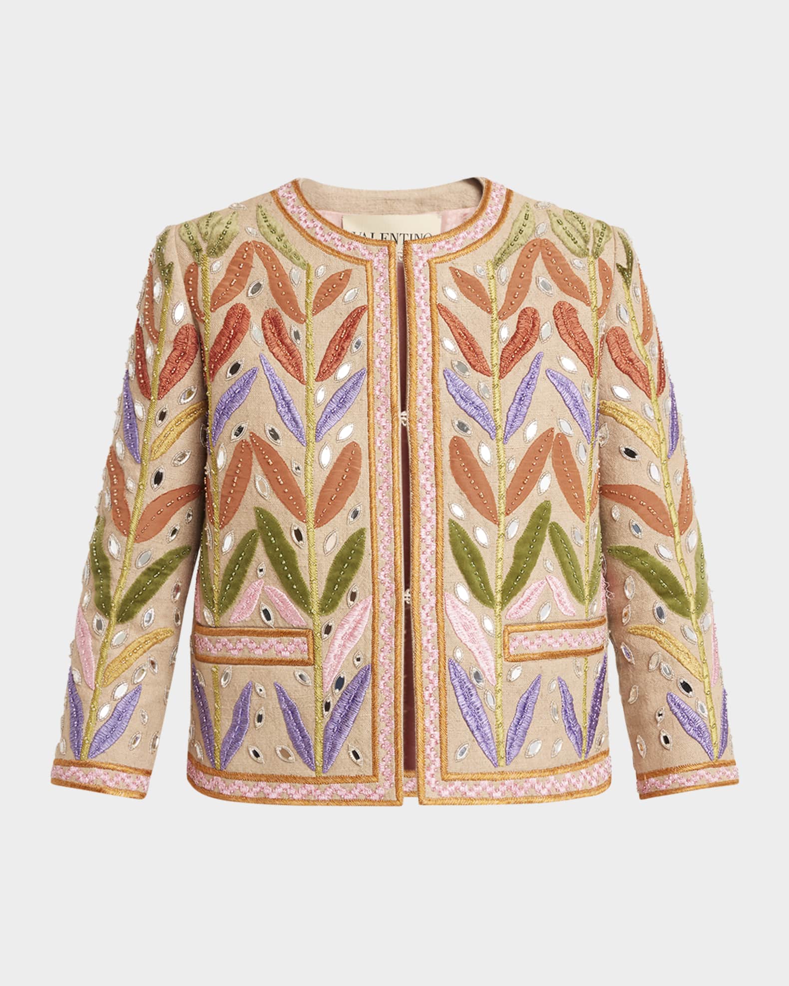 Beaded Leaf-Embroidered Linen Jacket 0
