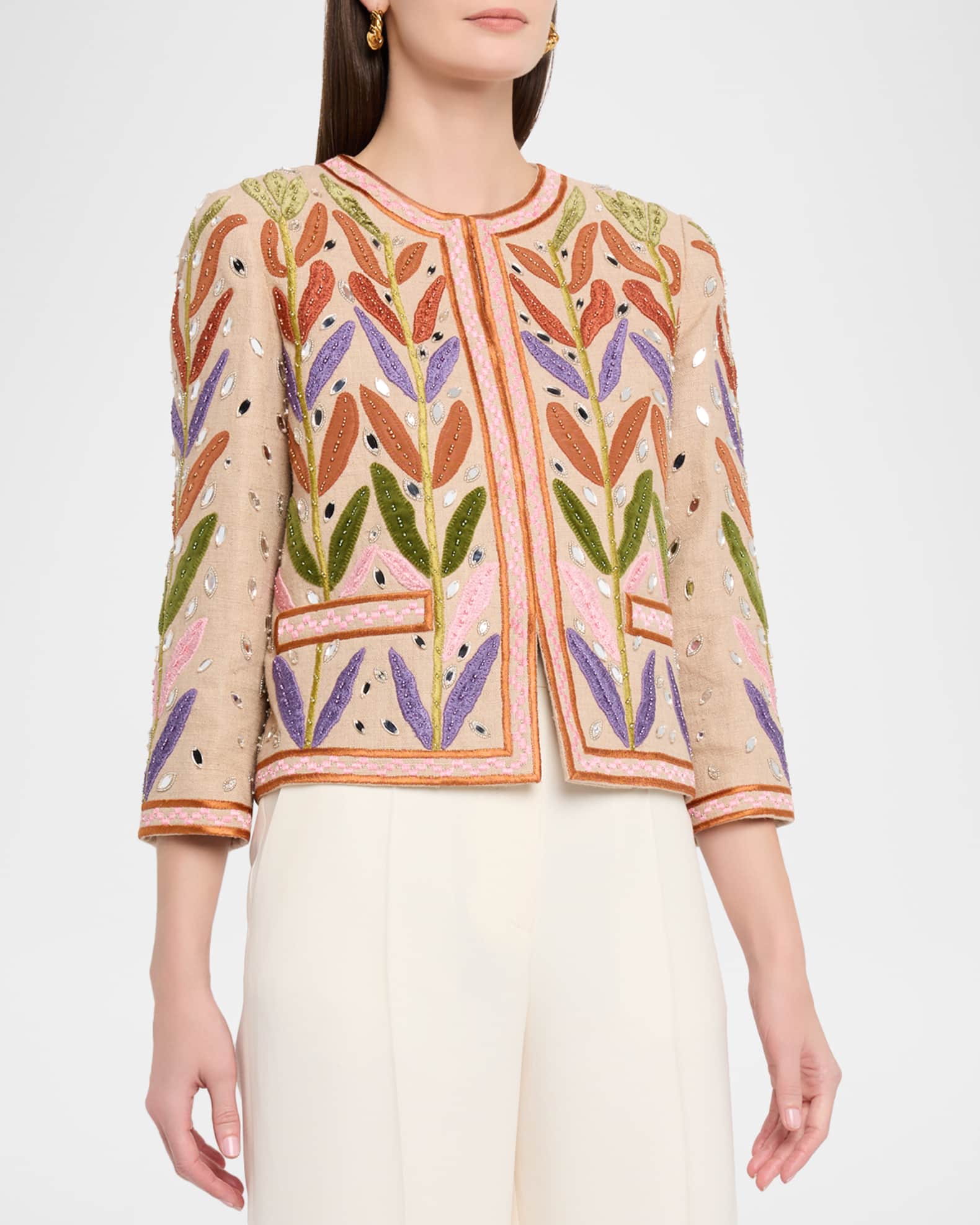 Valentino Garavani Beaded Leaf-Embroidered Linen Jacket | Neiman