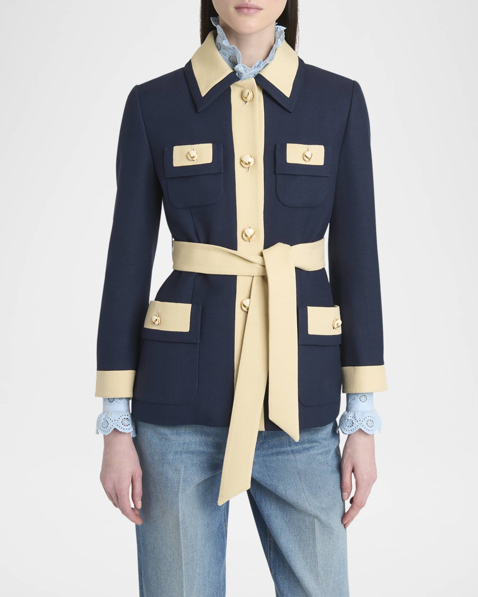 VALENTINO Shell Button Linen Jacket 貝ボタン Valentino Garavani button-up Varsity Jacket | Blue | FARFETCH
