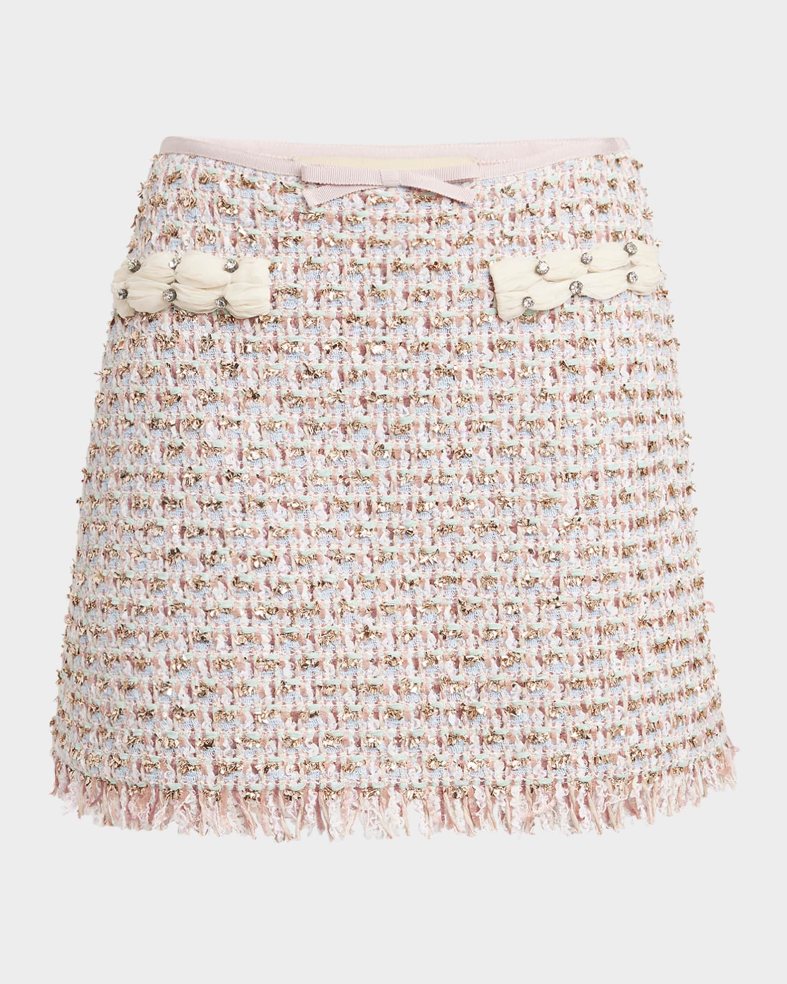 Fringed Ribbon-Trim Tweed Mini Skirt 0