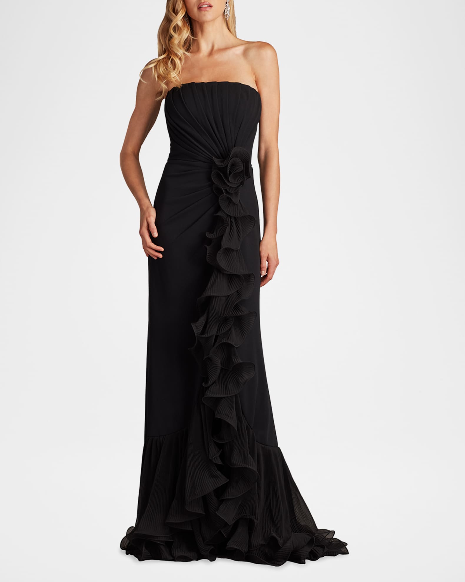 Tadashi Shoji Pleated Strapless Ruffle Gown | Neiman Marcus
