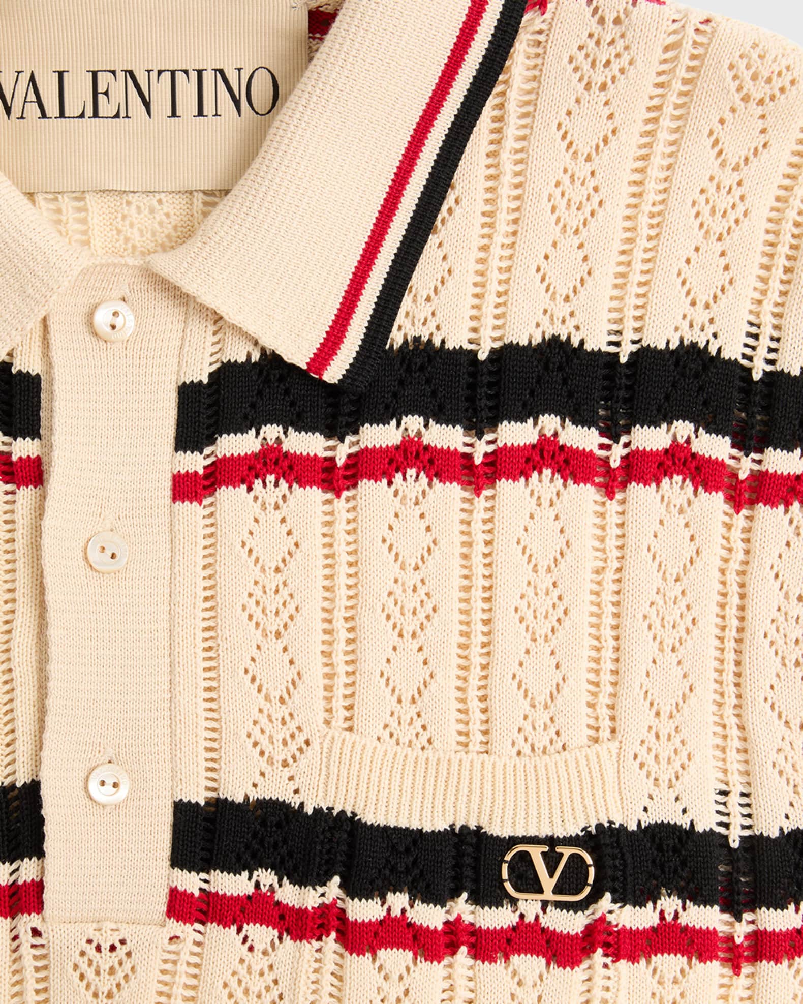 Valentino Garavani Men's Stripe Cotton Eyelet VLogo-Pocket Polo