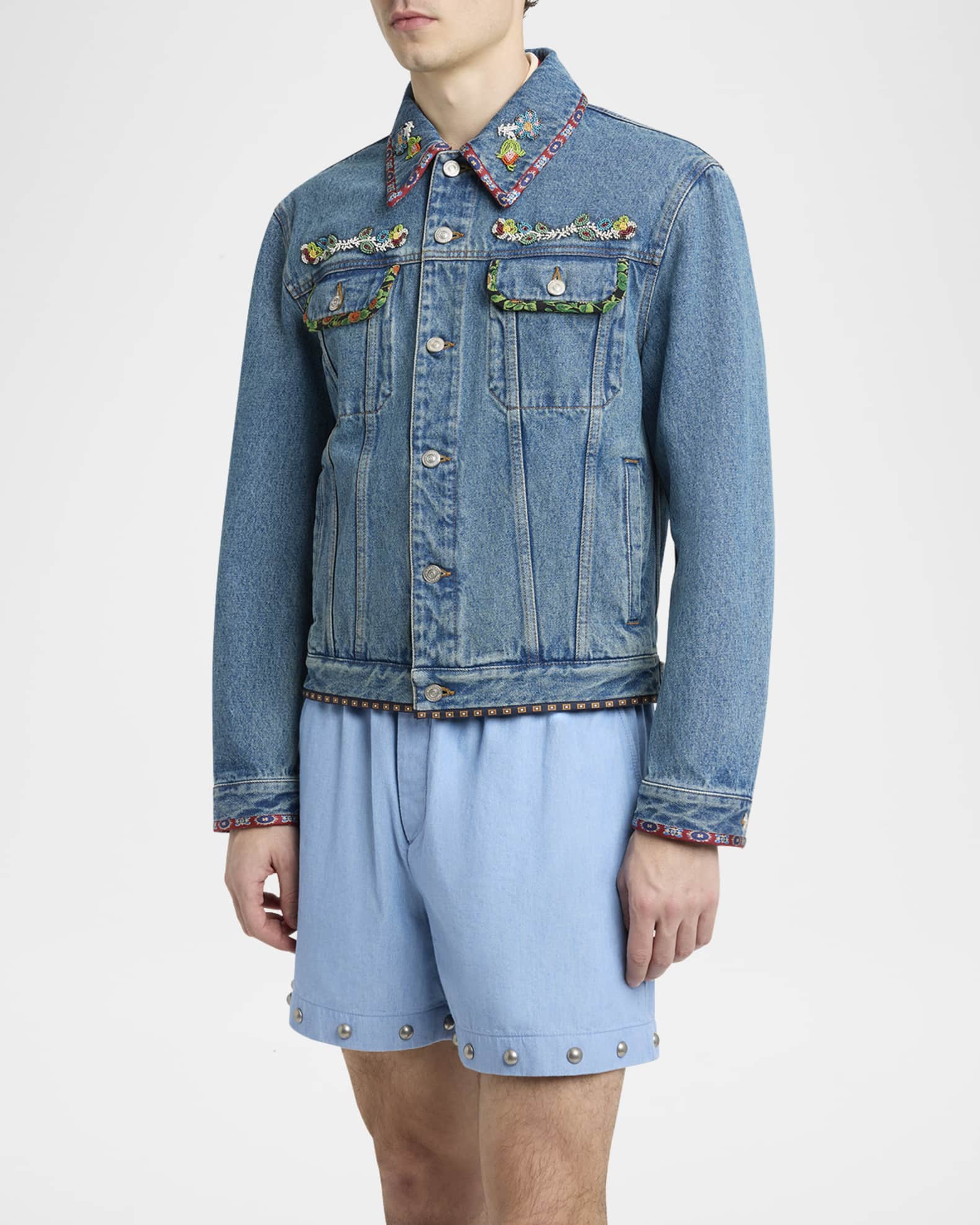 Valentino Garavani Men's Embroidered-Trim Denim Jacket