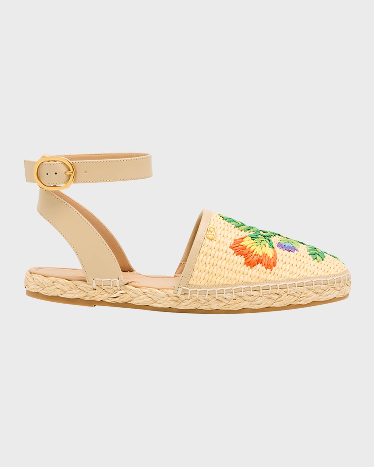 Valentino Garavani Bribri Raffia Flower Flat Espadrille Sandals
