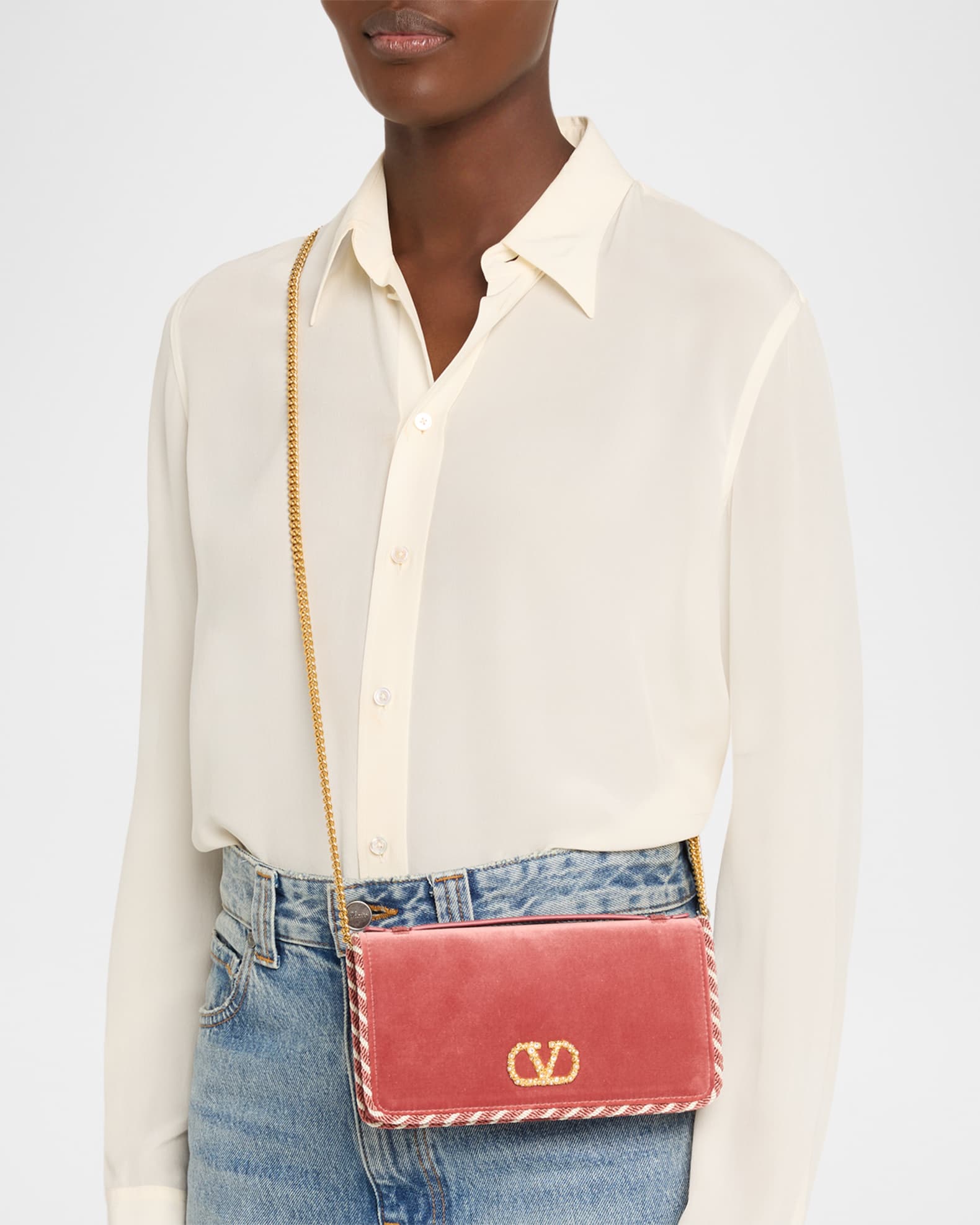 Valentino Garavani VLOGO Signature Suede Wallet with Chain Strap