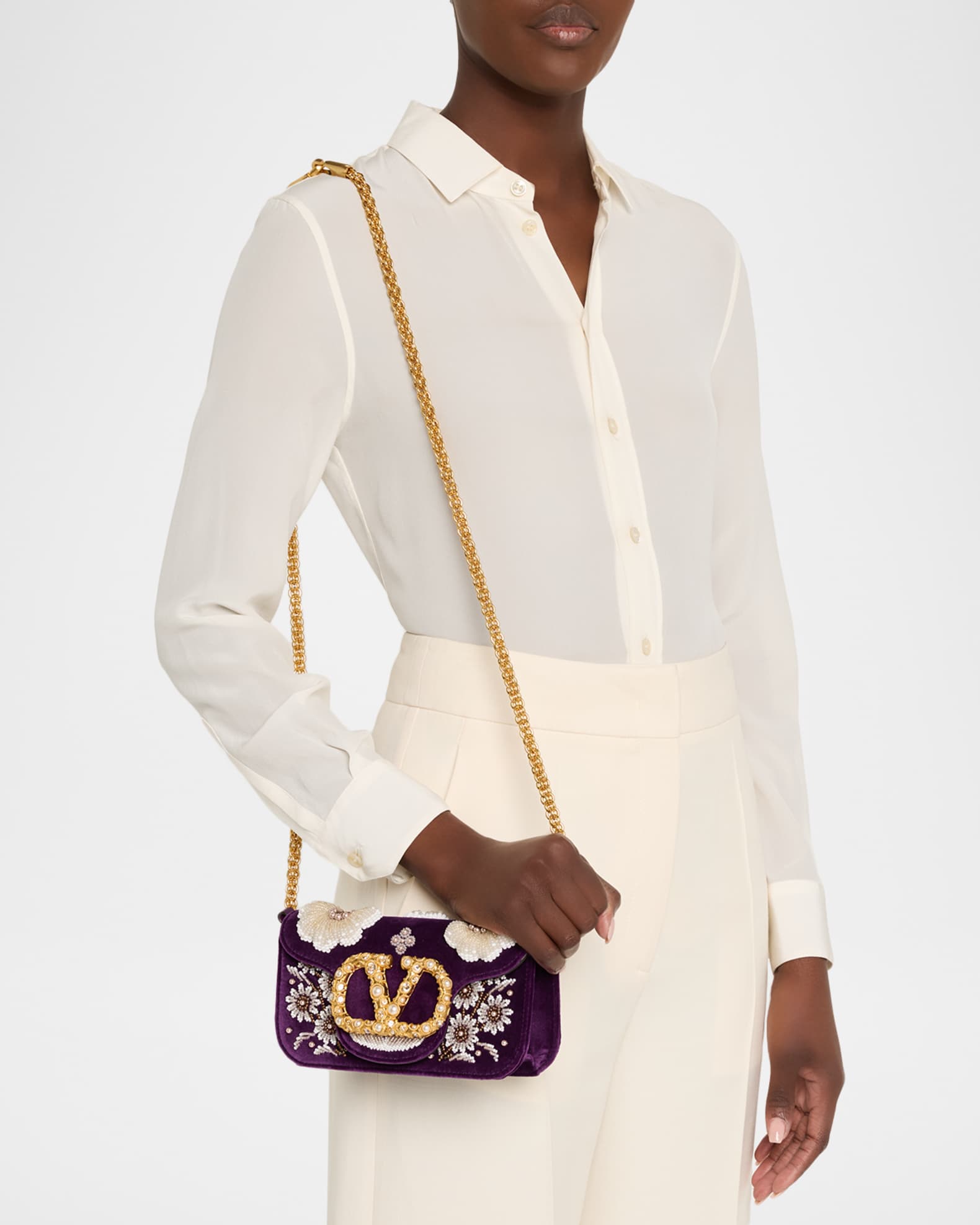 Valentino Garavani Loco Small Peonies Beaded Velvet Shoulder Bag